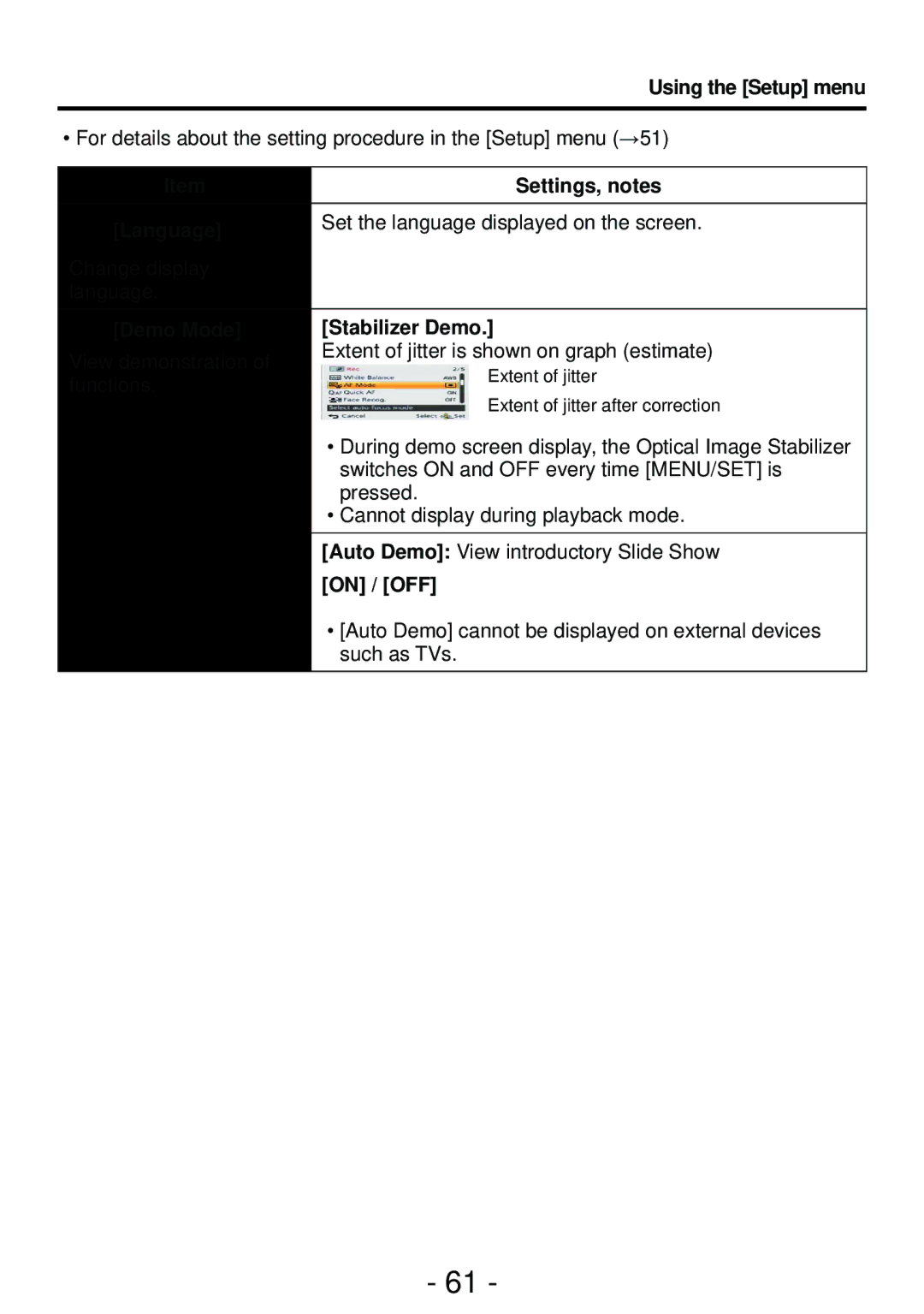 Panasonic DMC-ZS19, DMC-ZS20, DMCZS20K, M0112KZ0, VQT4B93 Using the Setup menu, Language, Demo Mode Stabilizer Demo 