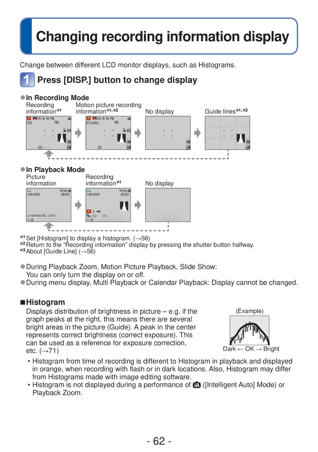 Panasonic DMCZS20K Changing recording information display, Press DISP. button to change display, Histogram, Playback Mode 