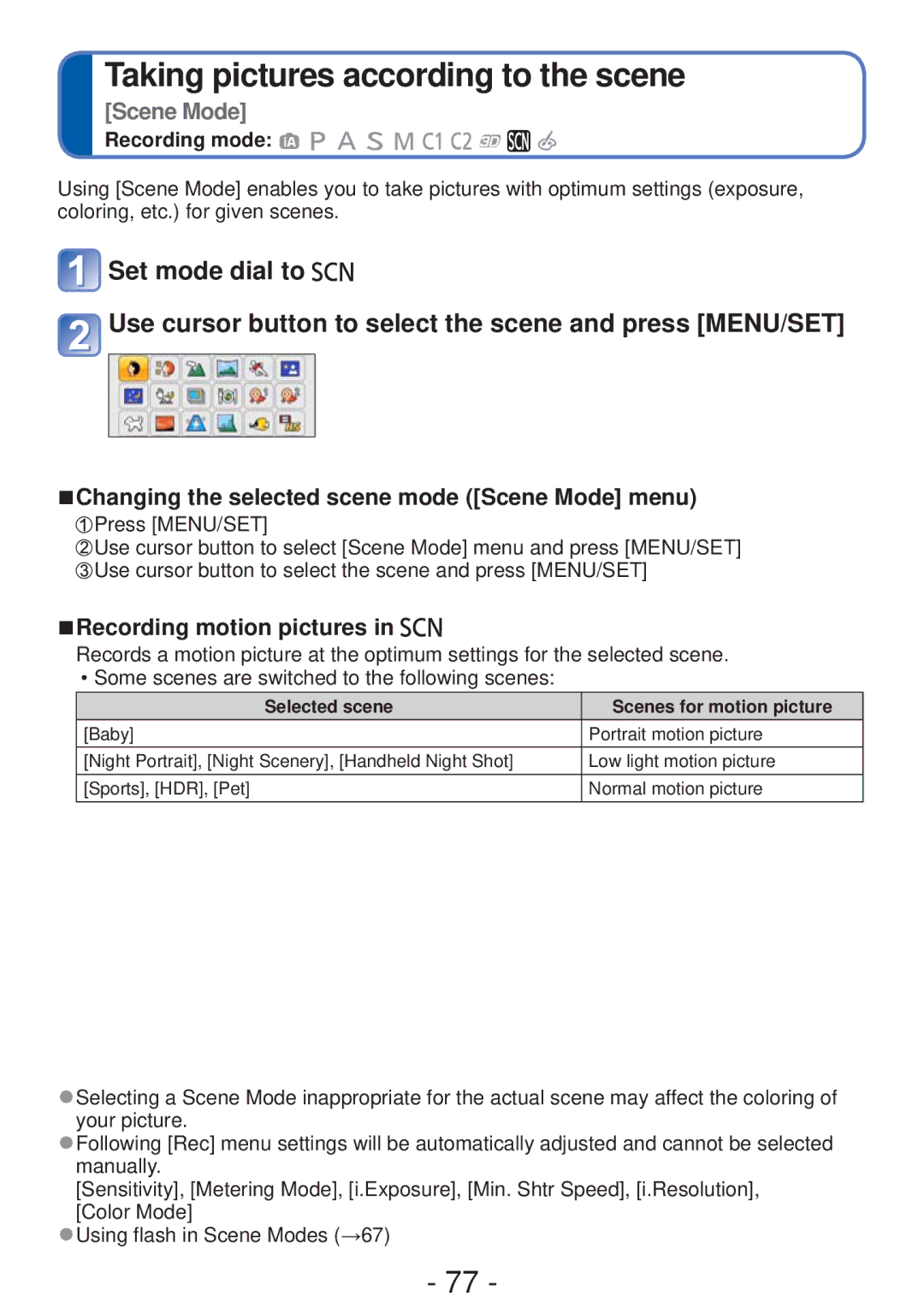 Panasonic DMCZS20K, DMC-ZS20 Taking pictures according to the scene, Changing the selected scene mode Scene Mode menu 