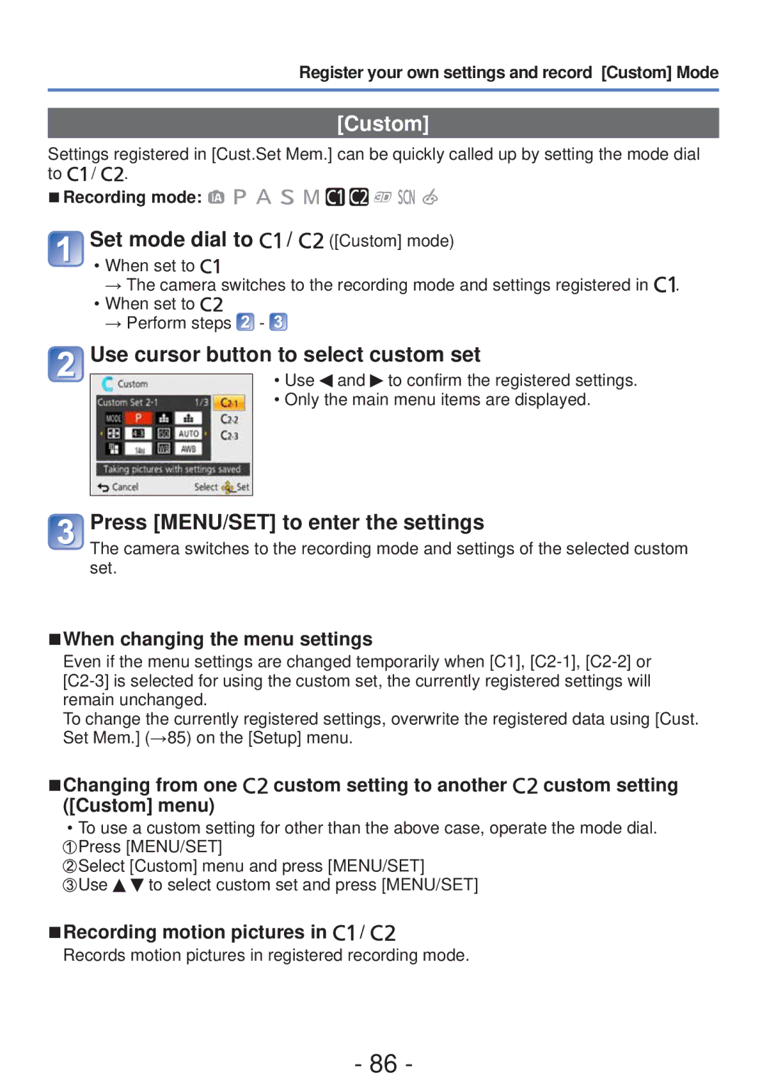 Panasonic DMC-ZS19, DMC-ZS20, DMCZS20K, M0112KZ0 Set mode dial to / Custom mode, Use cursor button to select custom set 