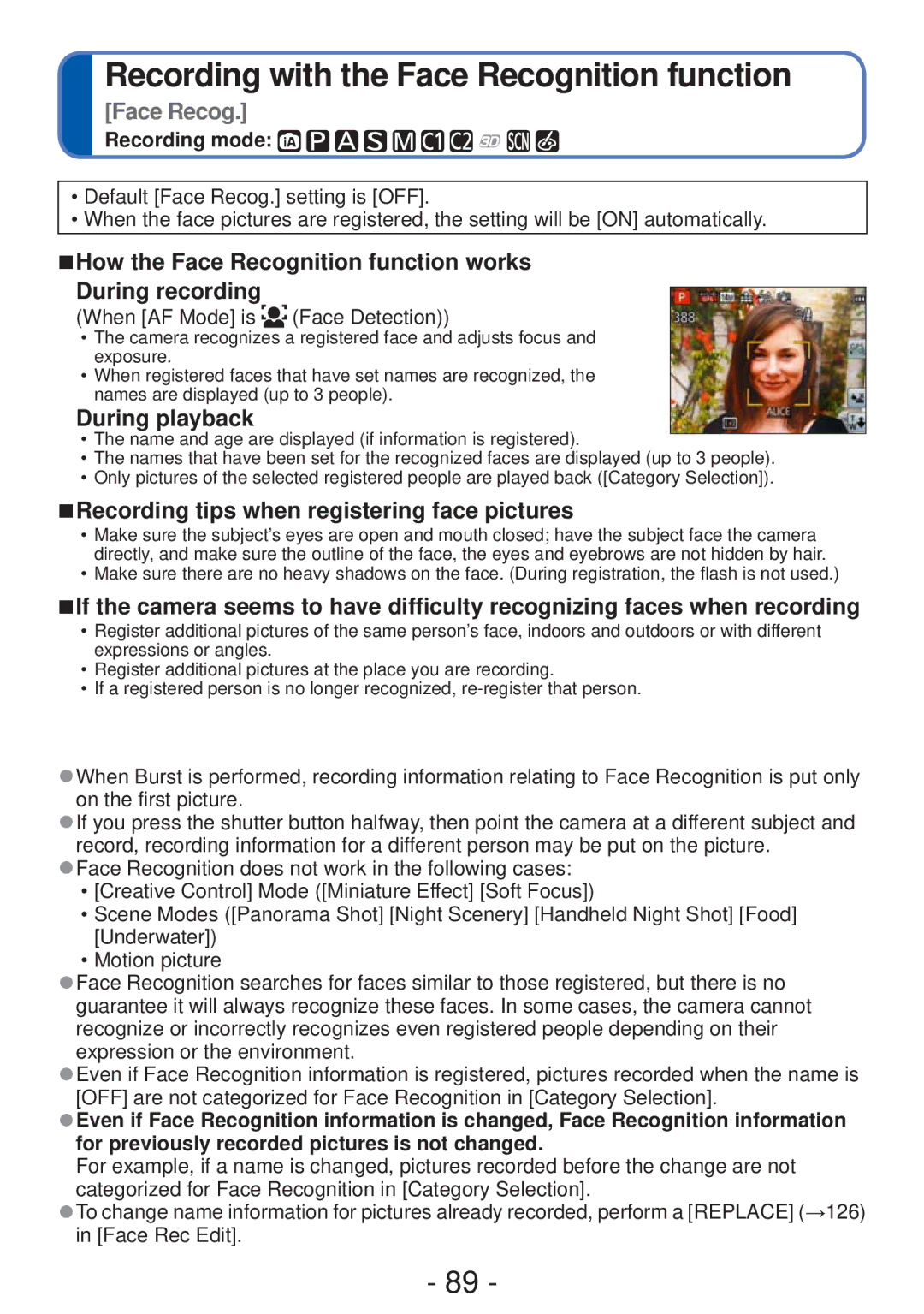 Panasonic VQT4B93 Recording with the Face Recognition function, How the Face Recognition function works During recording 