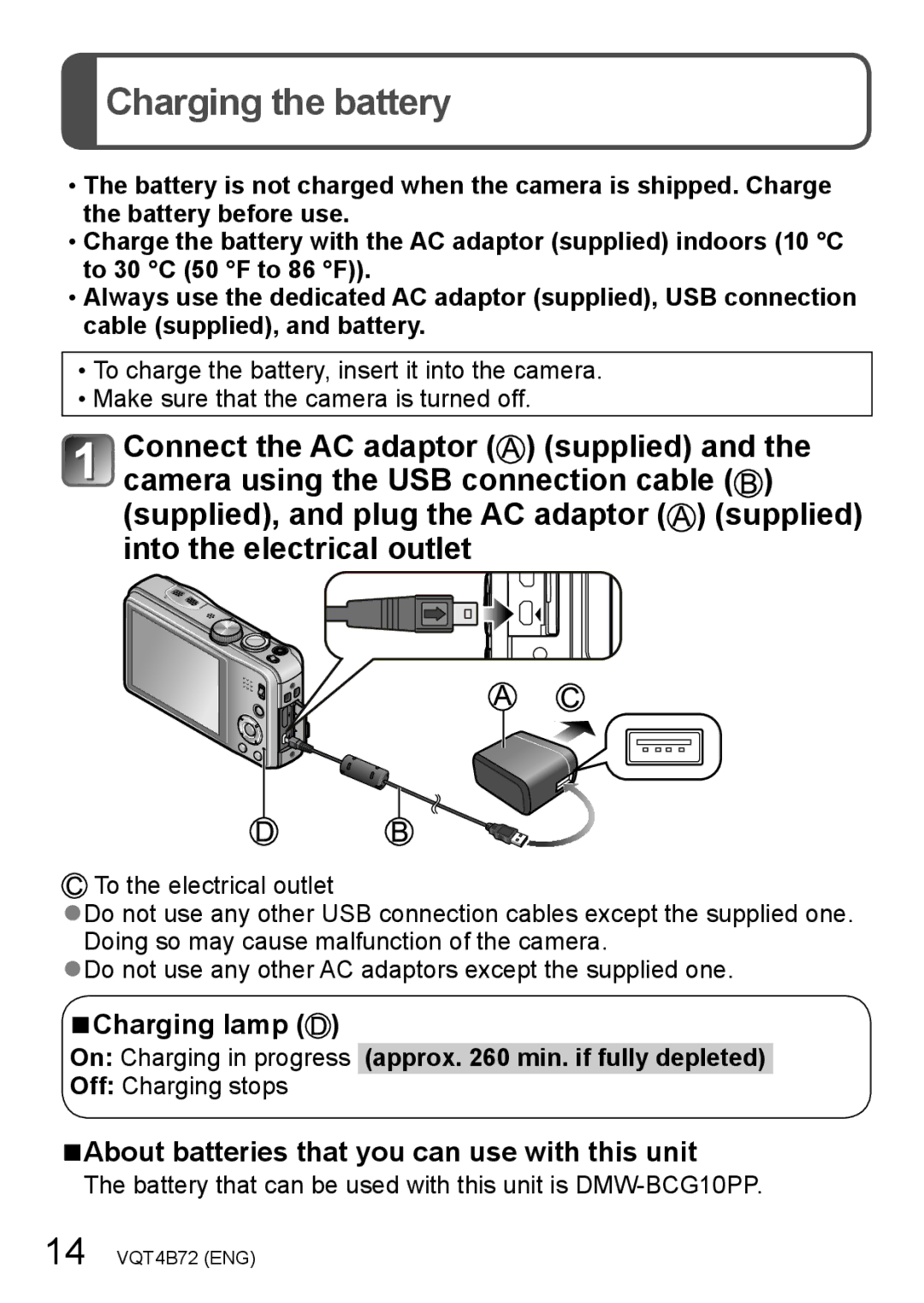 Panasonic DMC-ZS20, DMC-ZS19 Charging the battery, Charging lamp, About batteries that you can use with this unit 