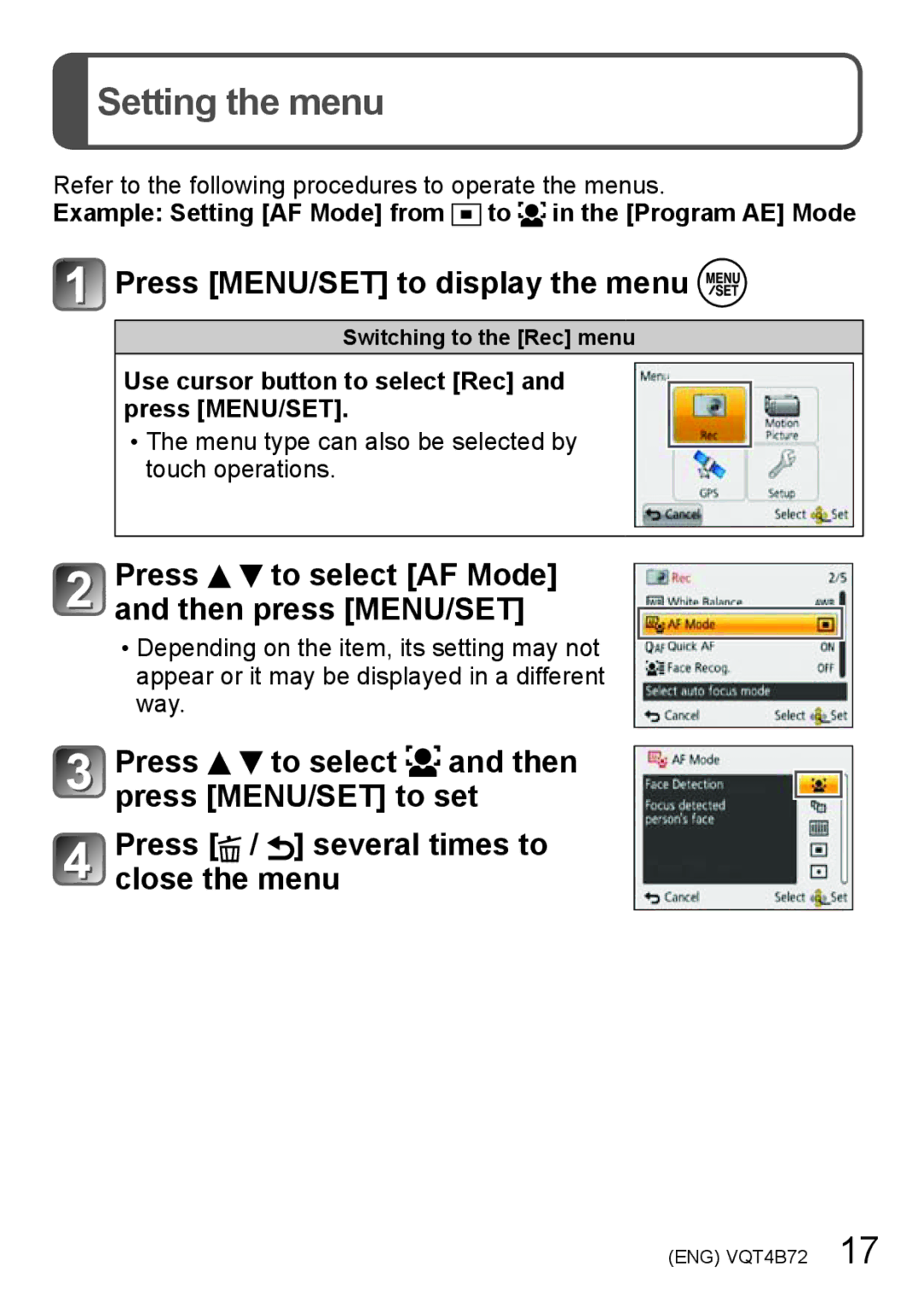 Panasonic DMC-ZS19, DMC-ZS20 owner manual Setting the menu, Example Setting AF Mode from to in the Program AE Mode 