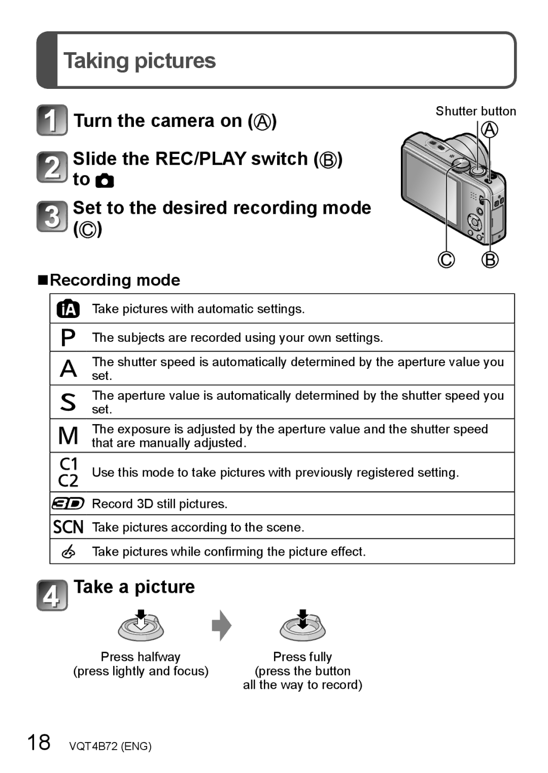 Panasonic DMC-ZS20, DMC-ZS19 owner manual Taking pictures, Recording mode 