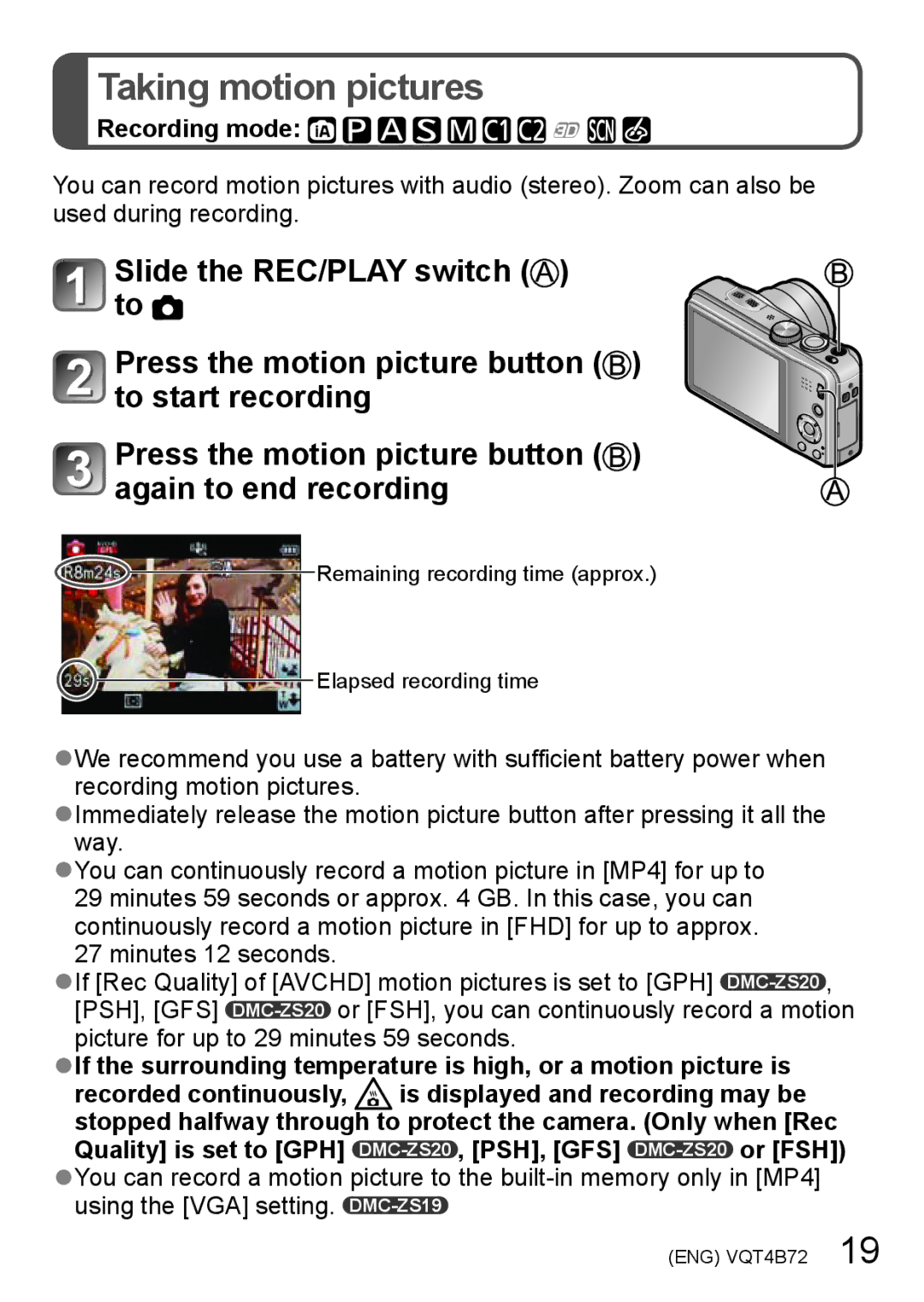 Panasonic DMC-ZS19, DMC-ZS20 owner manual Taking motion pictures, Recording mode 