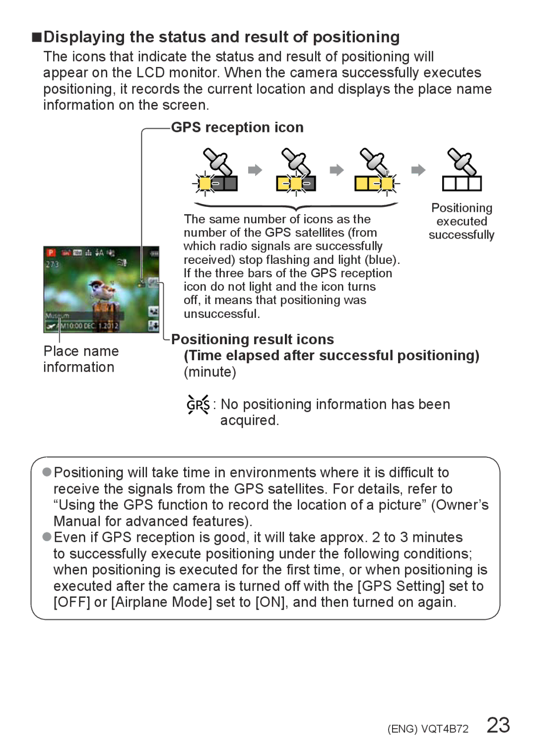 Panasonic DMC-ZS19, DMC-ZS20 owner manual Displaying the status and result of positioning, GPS reception icon 