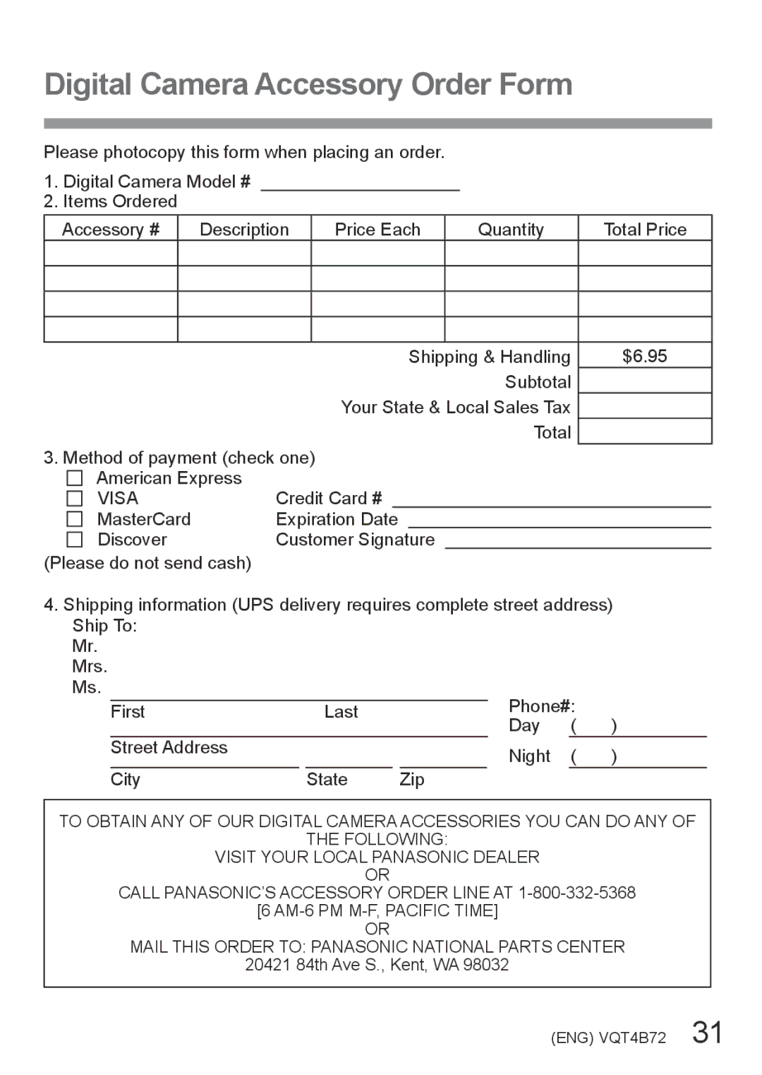 Panasonic DMC-ZS19, DMC-ZS20 owner manual Digital Camera Accessory Order Form, Visa 