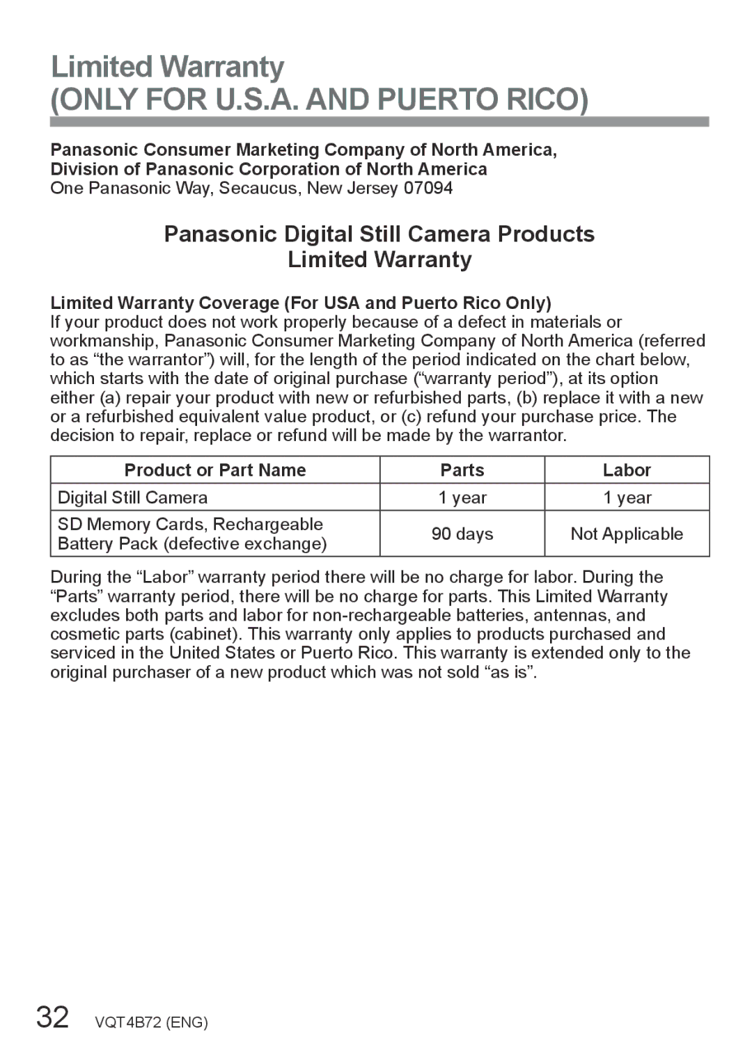 Panasonic DMC-ZS20, DMC-ZS19 owner manual Panasonic Digital Still Camera Products Limited Warranty 