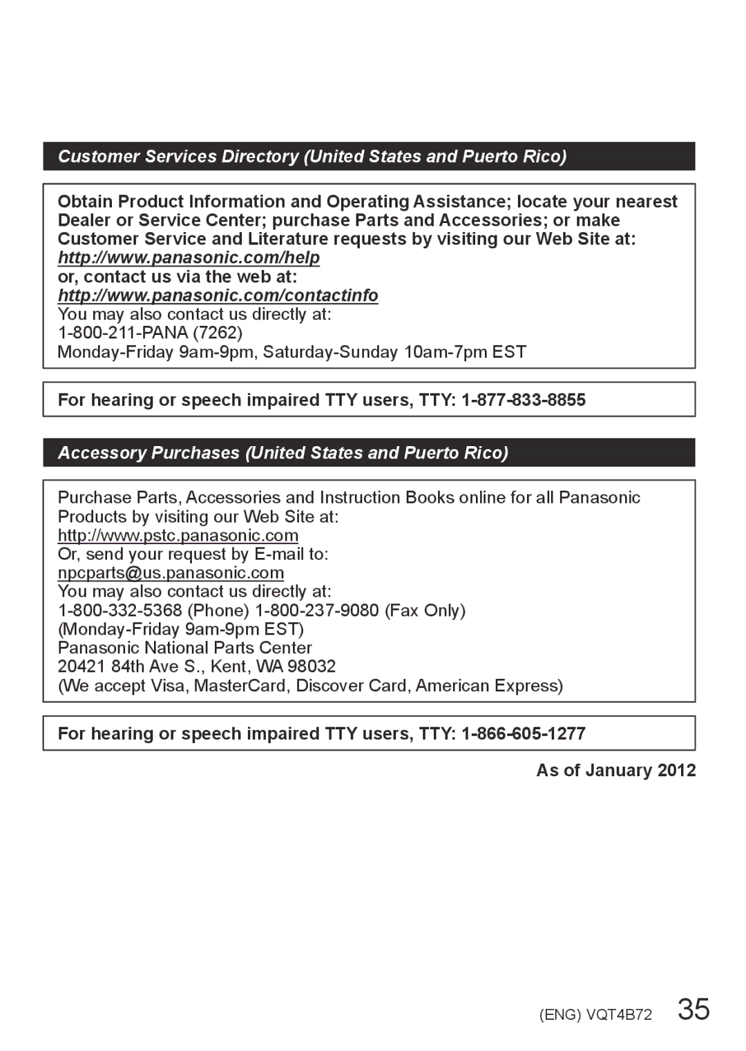 Panasonic DMC-ZS19, DMC-ZS20 owner manual Customer Services Directory United States and Puerto Rico 