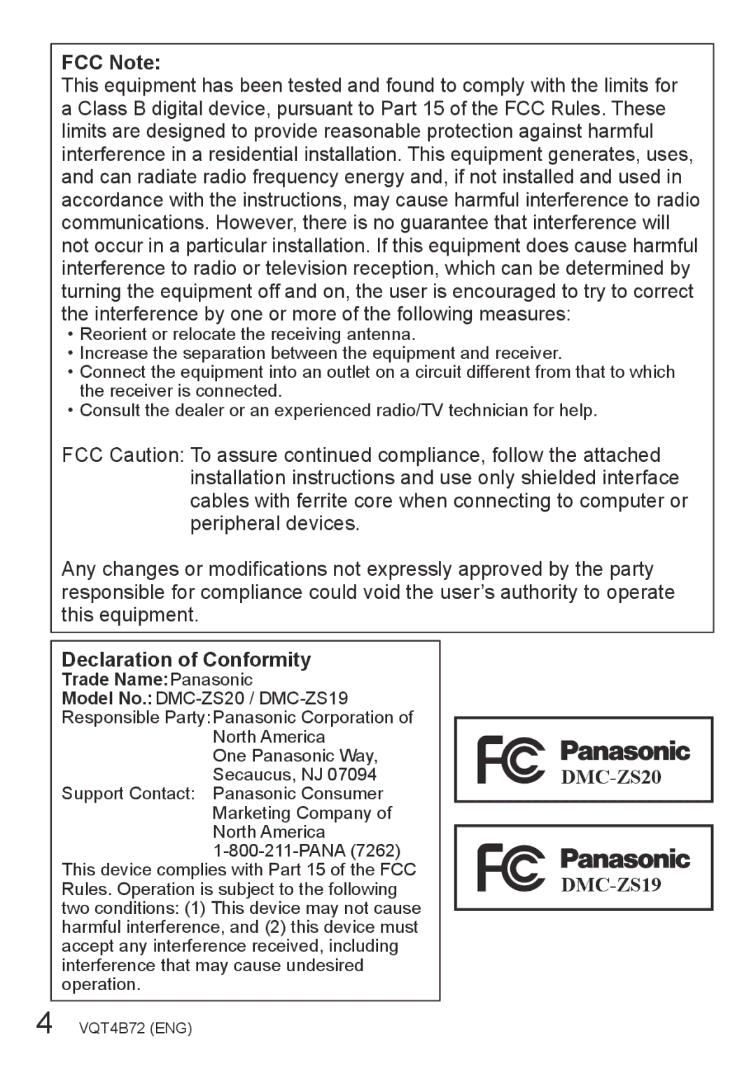 Panasonic DMC-ZS20, DMC-ZS19 owner manual FCC Note, Declaration of Conformity 