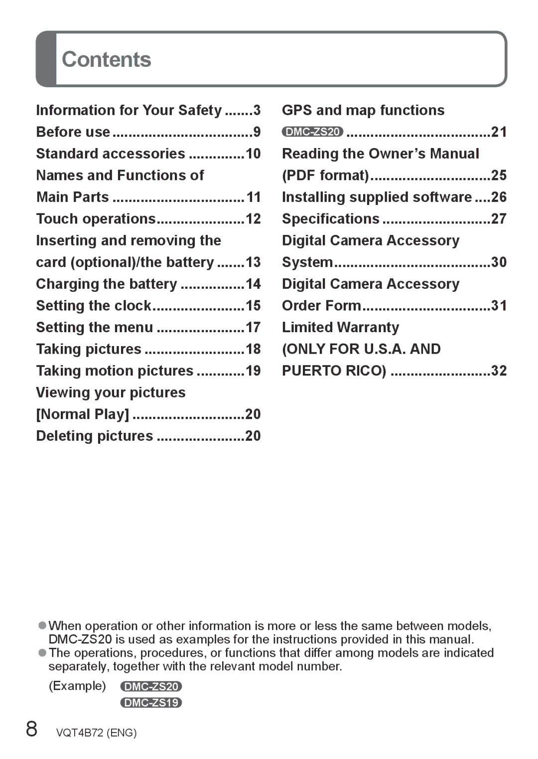 Panasonic DMC-ZS20, DMC-ZS19 owner manual Contents 