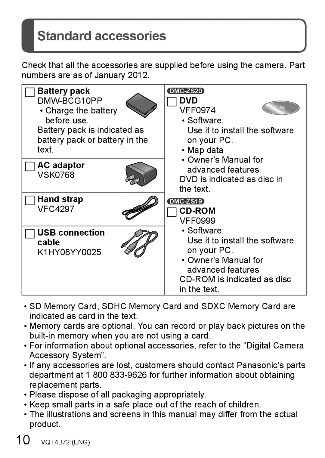 Panasonic DMC-ZS20R, DMCZS20S owner manual Standard accessories, Battery pack, Hand strap, USB connection cable K1HY08YY0025 