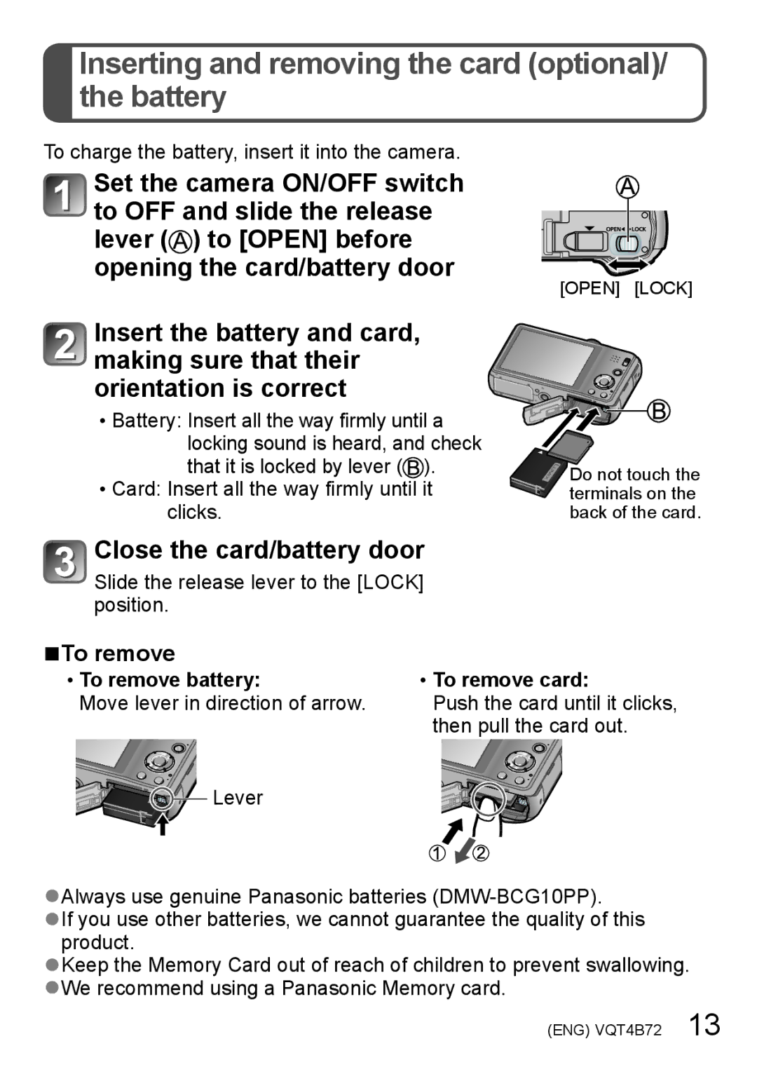 Panasonic DMCZS20S, DMC-ZS20R Inserting and removing the card optional/ the battery, To remove battery To remove card 