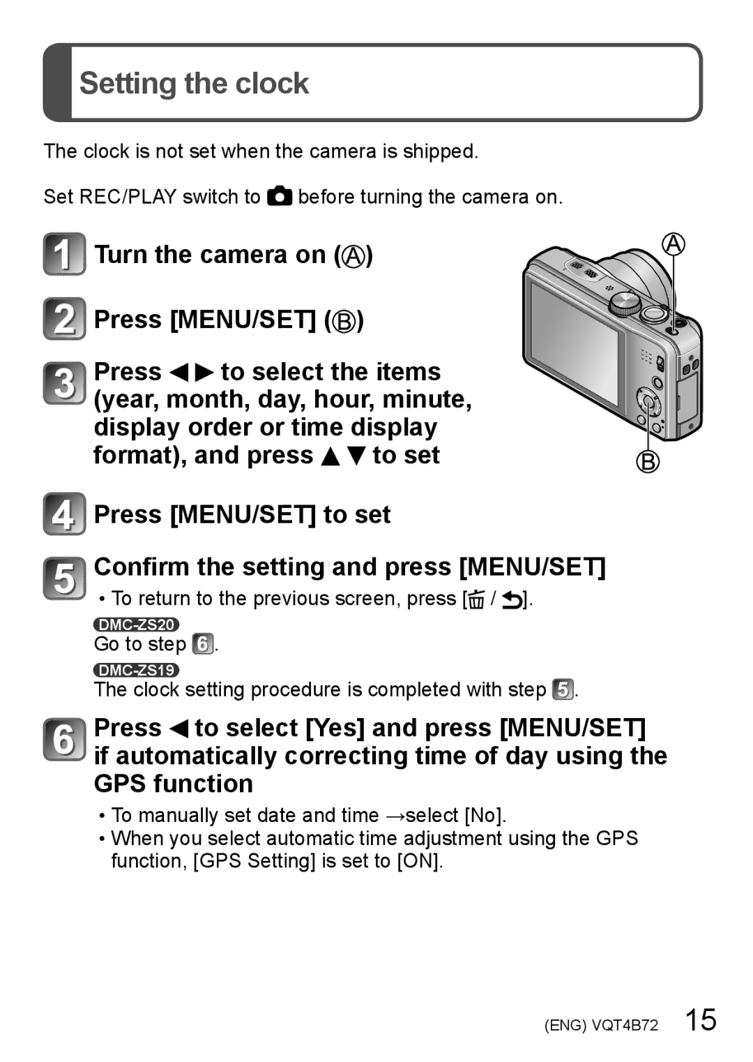 Panasonic DMCZS20S, DMC-ZS20R owner manual Setting the clock 