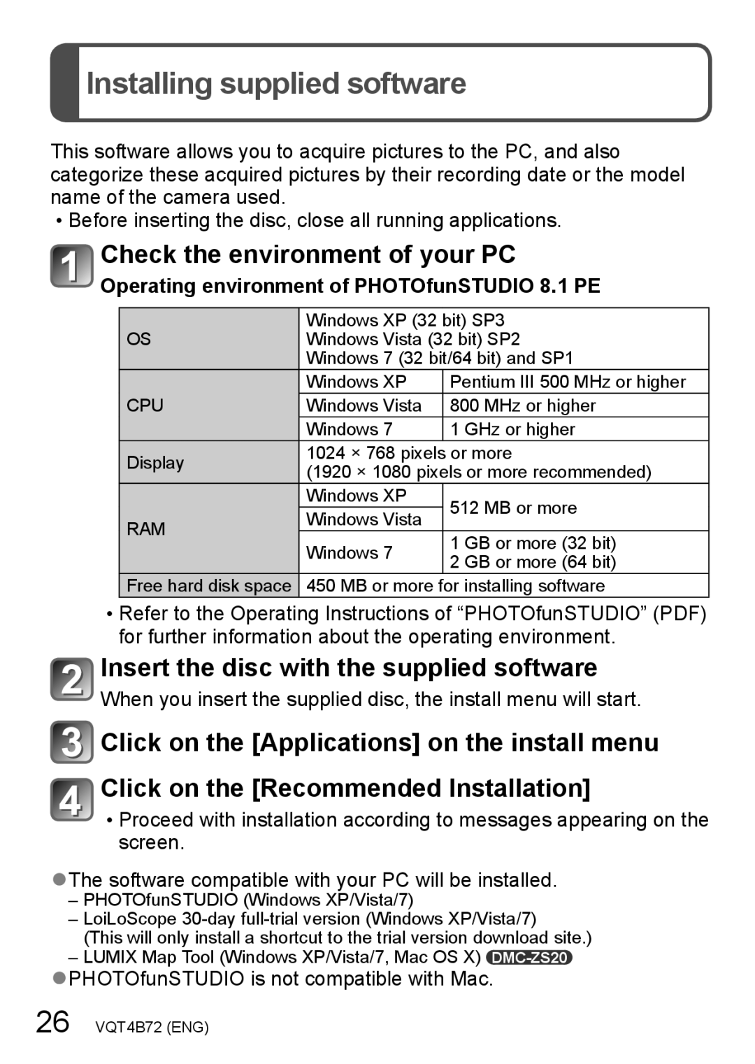 Panasonic DMC-ZS20R, DMCZS20S owner manual Installing supplied software, Operating environment of PHOTOfunSTUDIO 8.1 PE 