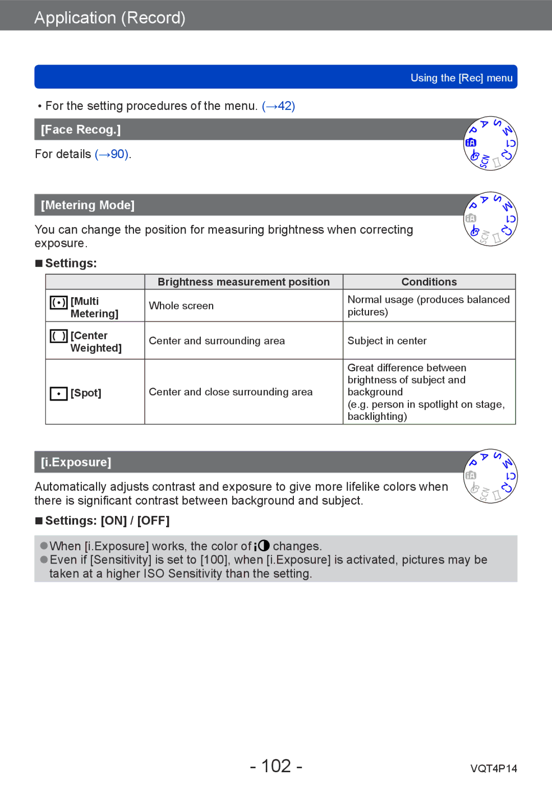 Panasonic DMC-ZS25, DMCZS25K owner manual 102, Face Recog, Metering Mode, Exposure 