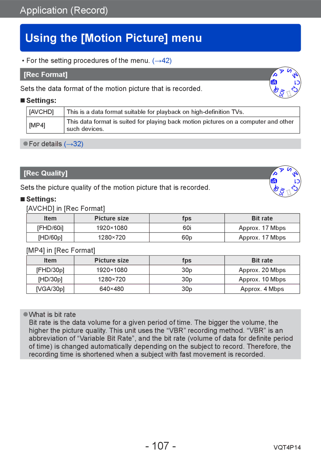 Panasonic DMCZS25K, DMC-ZS25 owner manual Using the Motion Picture menu, 107, Rec Format, Rec Quality 