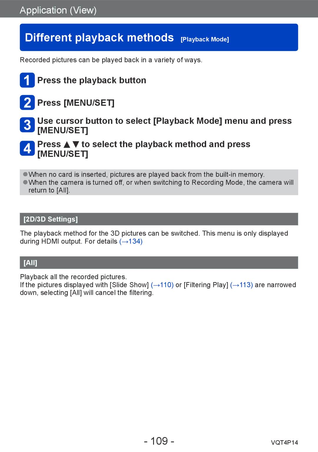 Panasonic DMCZS25K, DMC-ZS25 owner manual Different playback methods Playback Mode, 109, 2D/3D Settings, All 