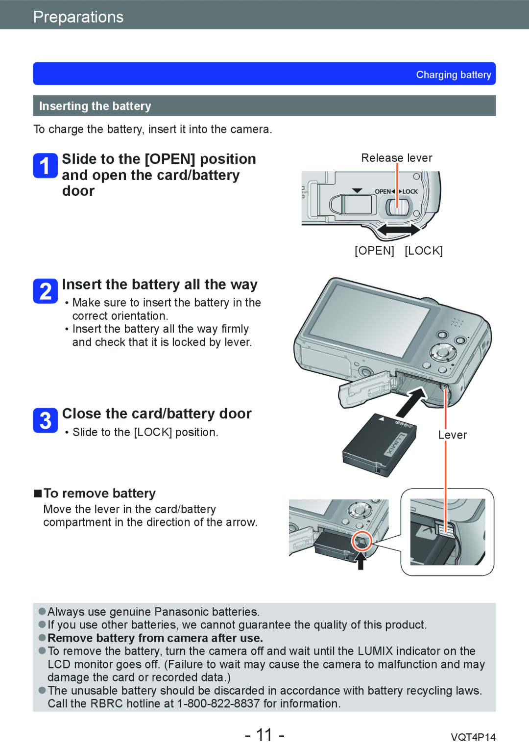 Panasonic DMCZS25K, DMC-ZS25 Slide to the Open position and open the card/battery door, Insert the battery all the way 