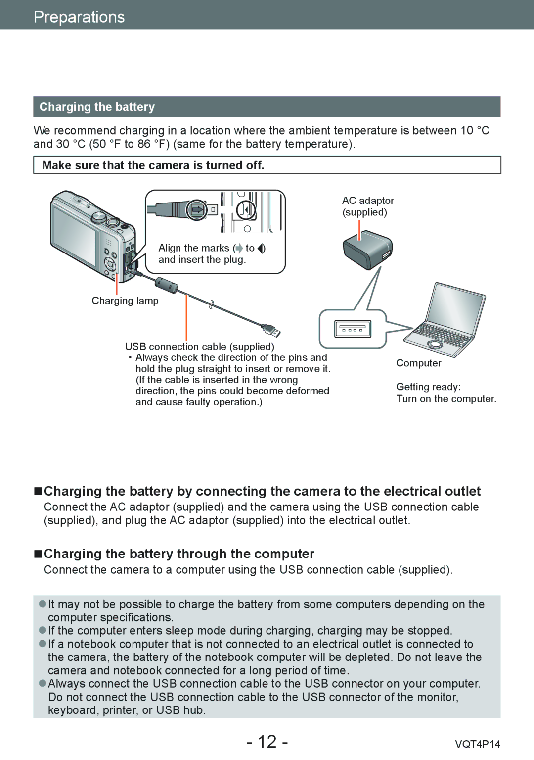 Panasonic DMC-ZS25, DMCZS25K owner manual Charging the battery through the computer, Make sure that the camera is turned off 