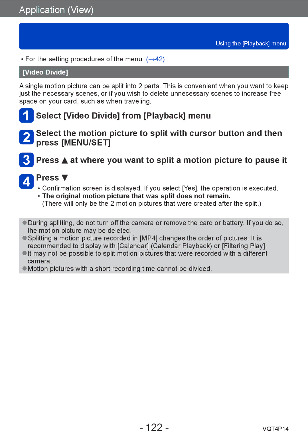 Panasonic DMC-ZS25, DMCZS25K owner manual 122, Video Divide 