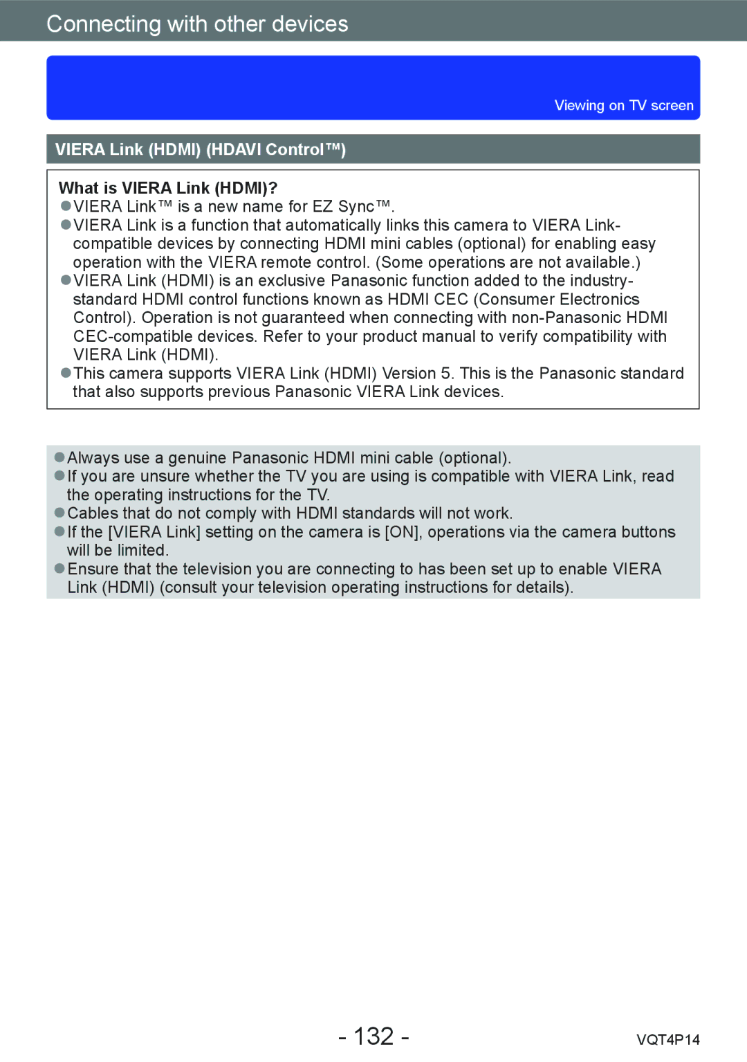 Panasonic DMC-ZS25, DMCZS25K owner manual 132, Viera Link Hdmi Hdavi Control, What is Viera Link HDMI? 