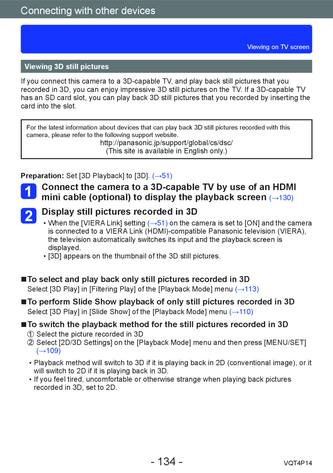 Panasonic DMC-ZS25, DMCZS25K 134, To select and play back only still pictures recorded in 3D, Viewing 3D still pictures 