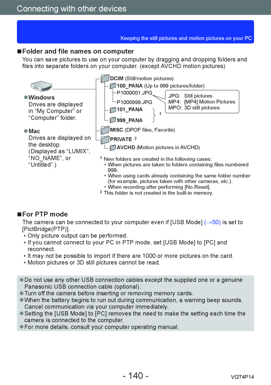 Panasonic DMC-ZS25, DMCZS25K owner manual 140, Folder and file names on computer, For PTP mode, Windows, Mac 