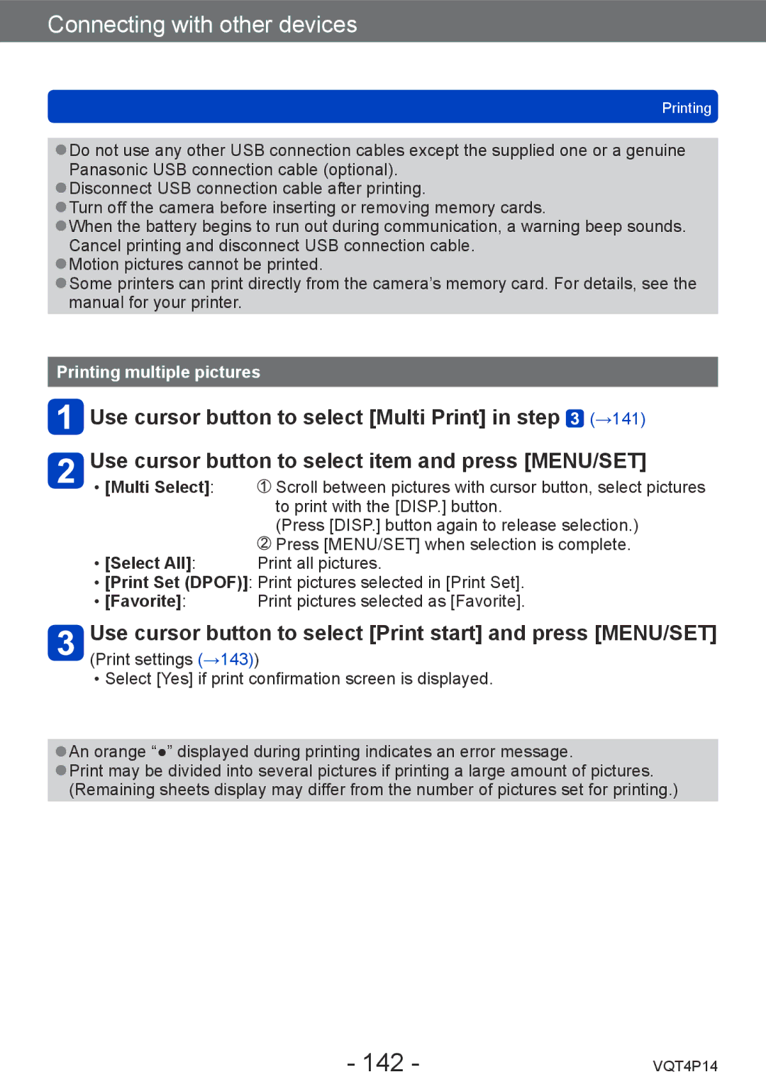 Panasonic DMC-ZS25, DMCZS25K owner manual 142, Printing multiple pictures, Multi Select, Select All, Favorite 