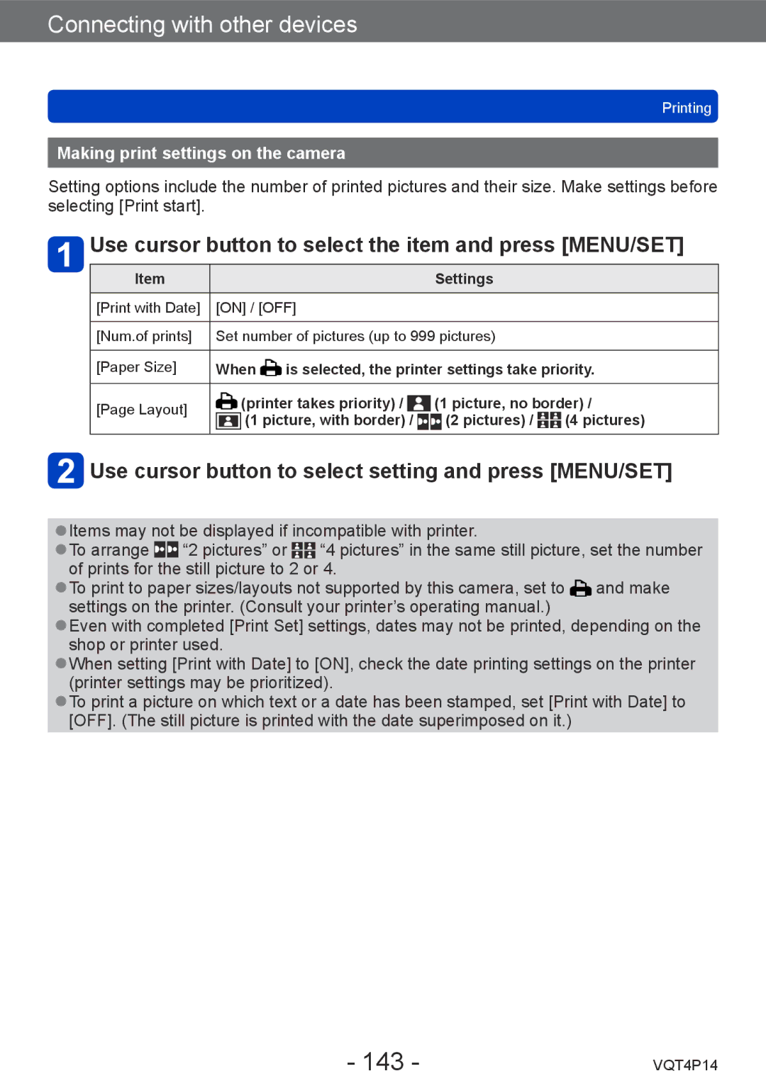 Panasonic DMCZS25K 143, Use cursor button to select setting and press MENU/SET, Making print settings on the camera 