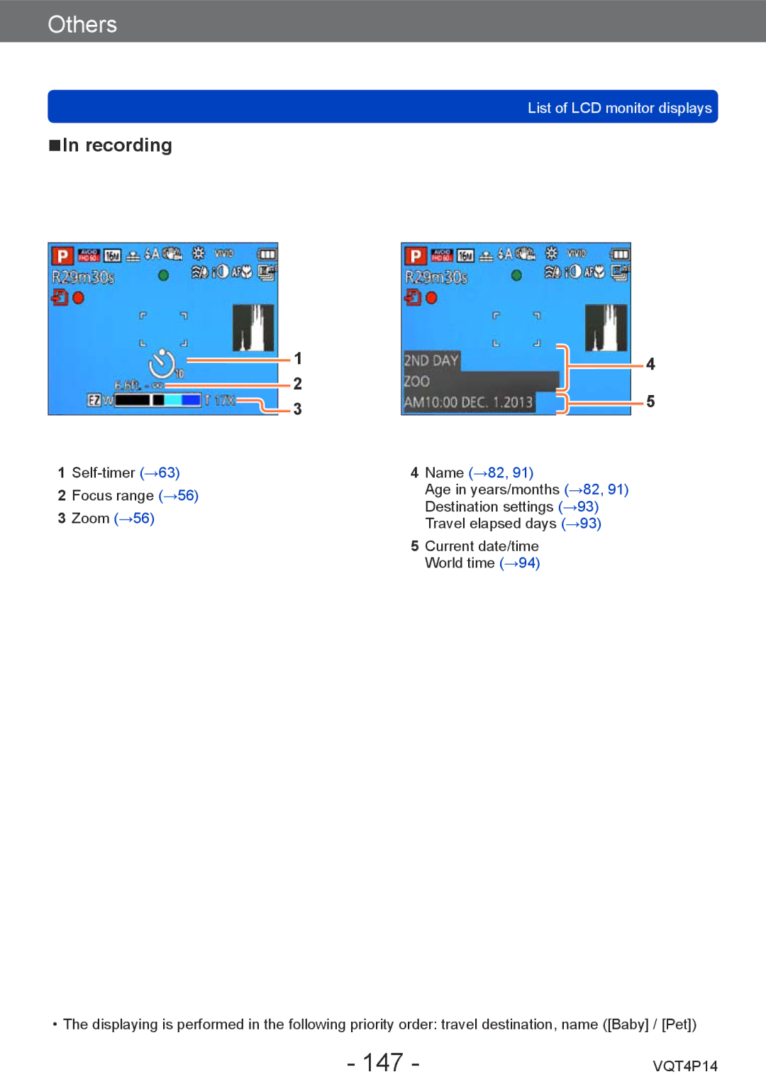 Panasonic DMCZS25K, DMC-ZS25 owner manual 147, List of LCD monitor displays 