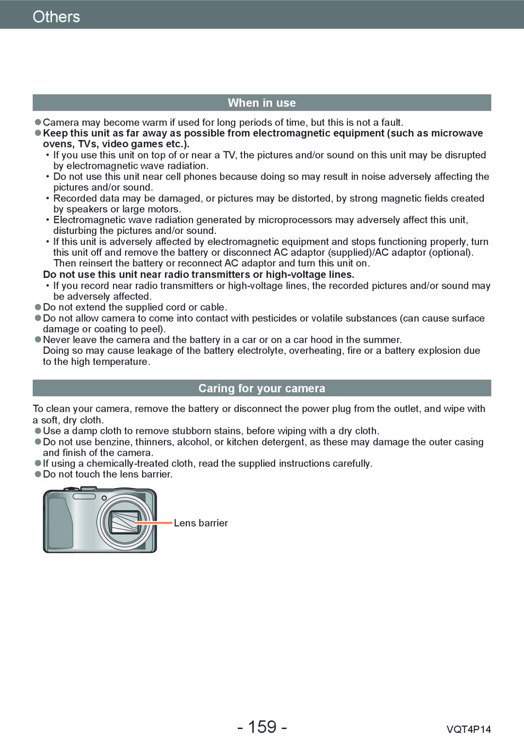 Panasonic DMCZS25K, DMC-ZS25 owner manual Usage cautions and notes, 159, When in use, Caring for your camera 