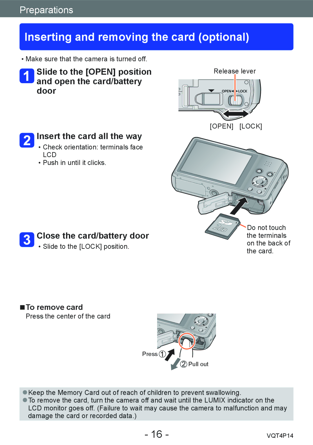 Panasonic DMC-ZS25 Inserting and removing the card optional, Slide to the Open position, Open the card/battery Door 