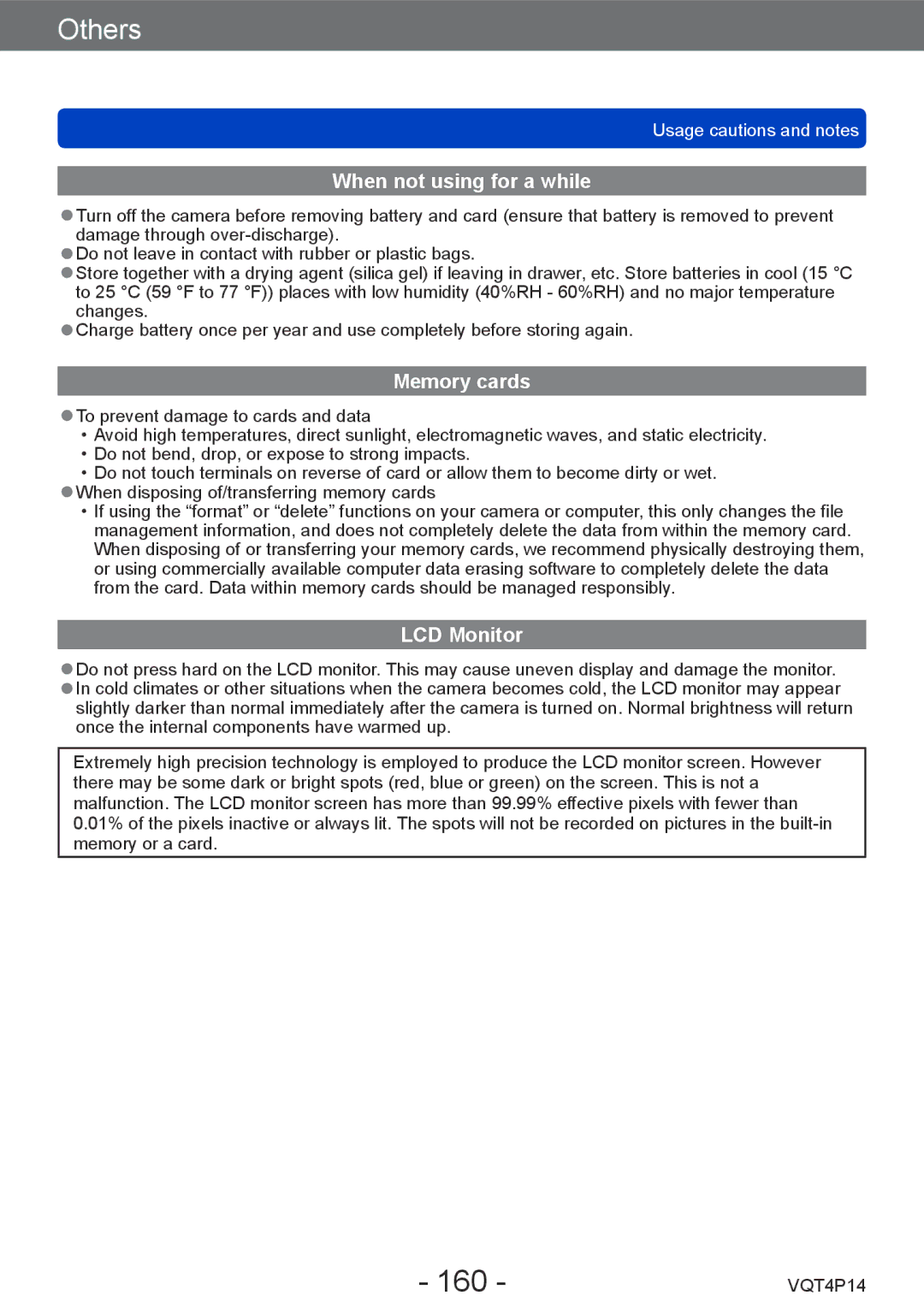 Panasonic DMC-ZS25, DMCZS25K owner manual 160, When not using for a while, Memory cards, LCD Monitor 