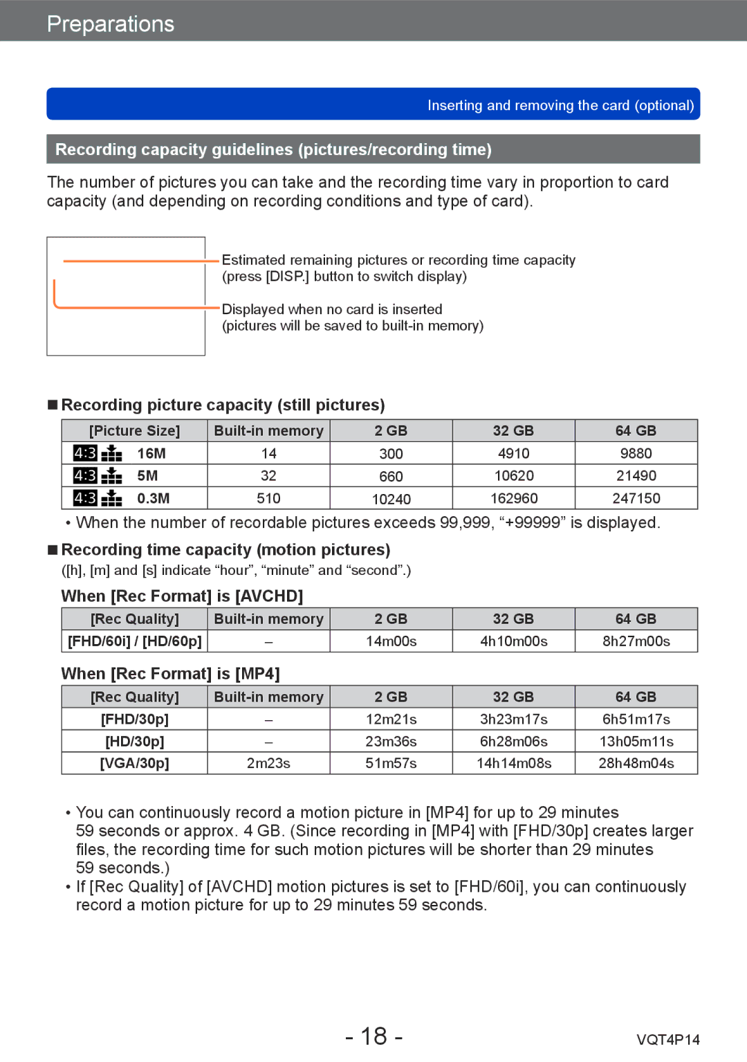 Panasonic DMC-ZS25 Recording capacity guidelines pictures/recording time, Recording picture capacity still pictures 