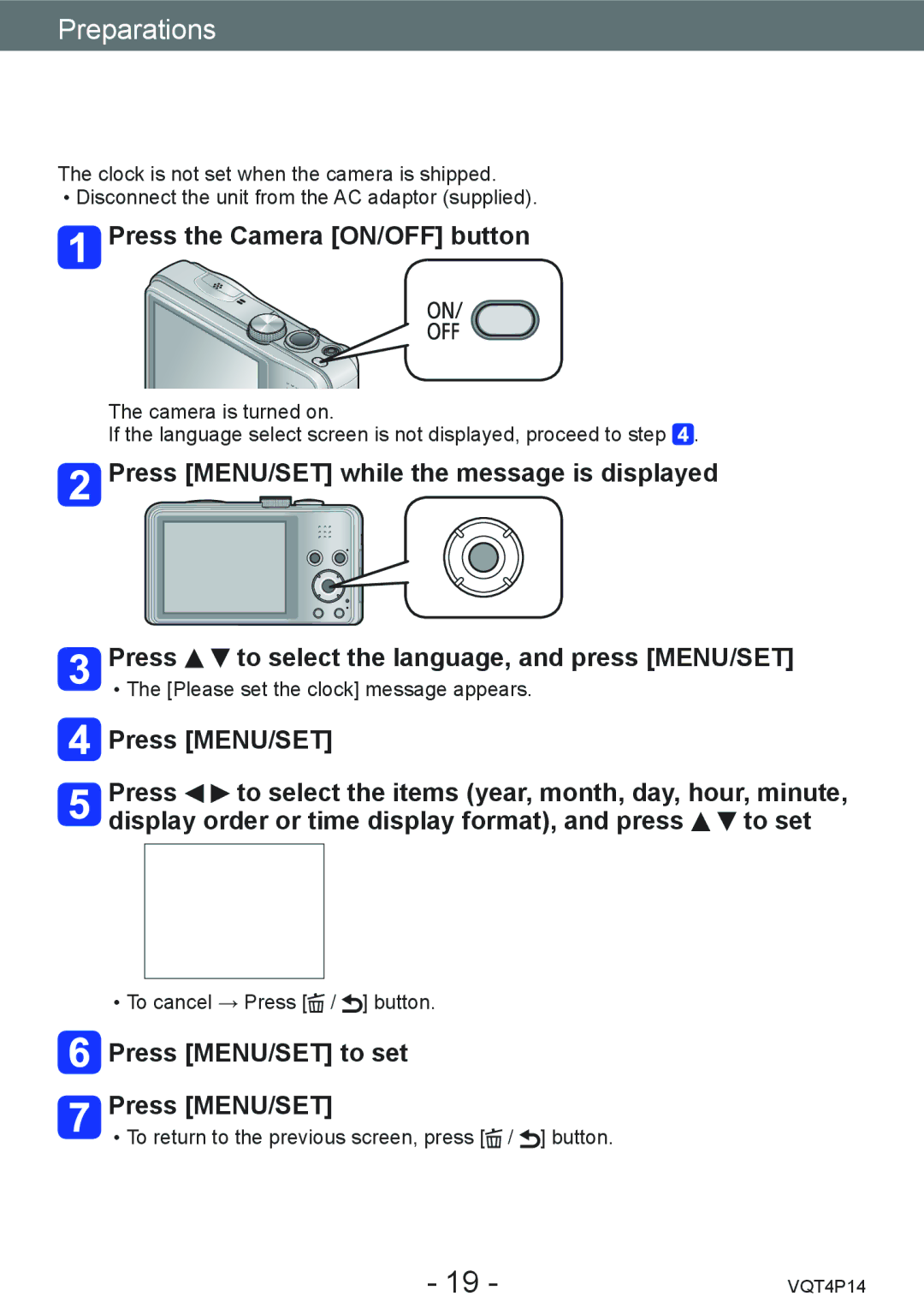 Panasonic DMCZS25K, DMC-ZS25 owner manual Setting the clock, Press the Camera ON/OFF button, Press MENU/SET to set 