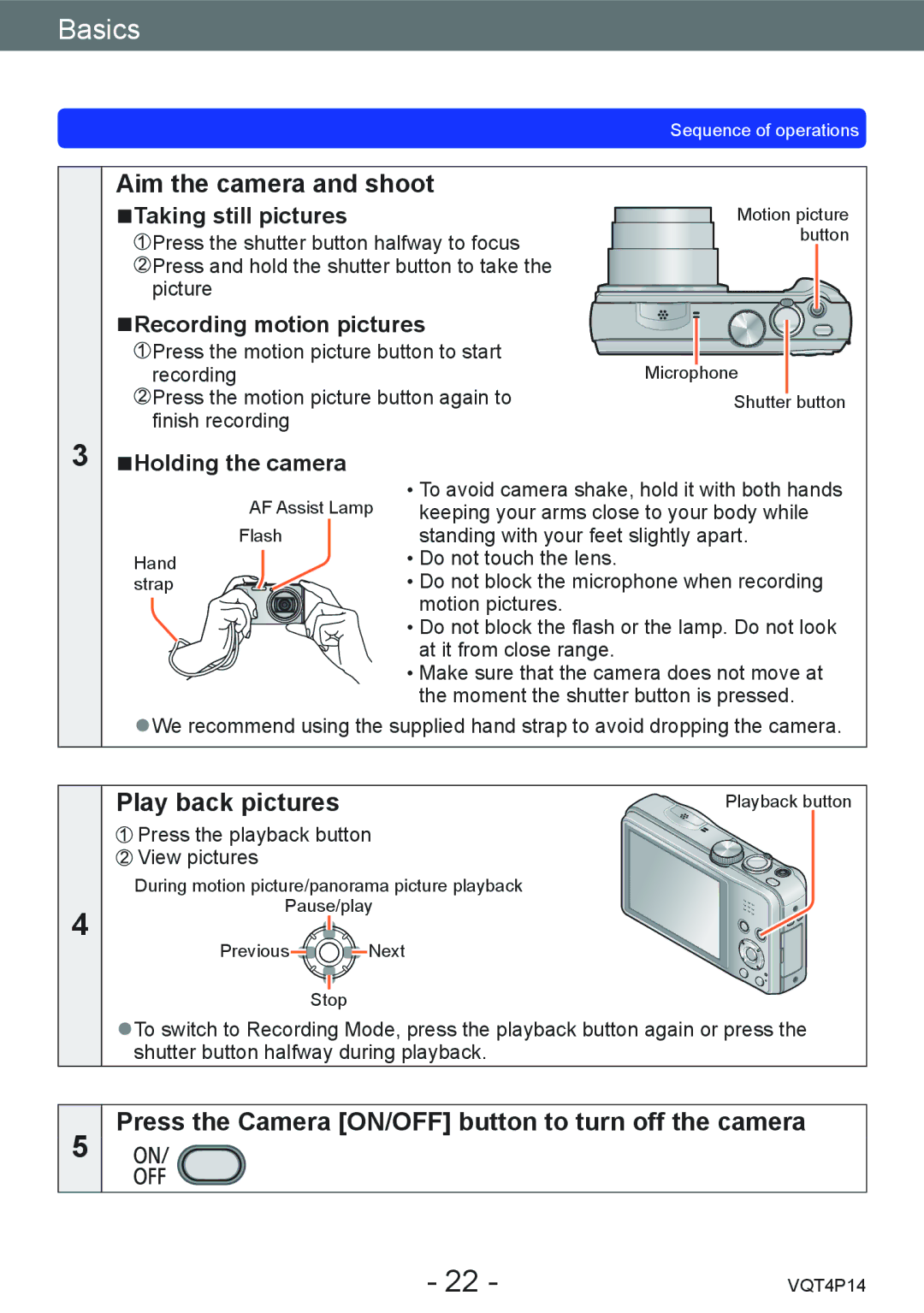 Panasonic DMC-ZS25 Aim the camera and shoot, Play back pictures, Press the Camera ON/OFF button to turn off the camera 