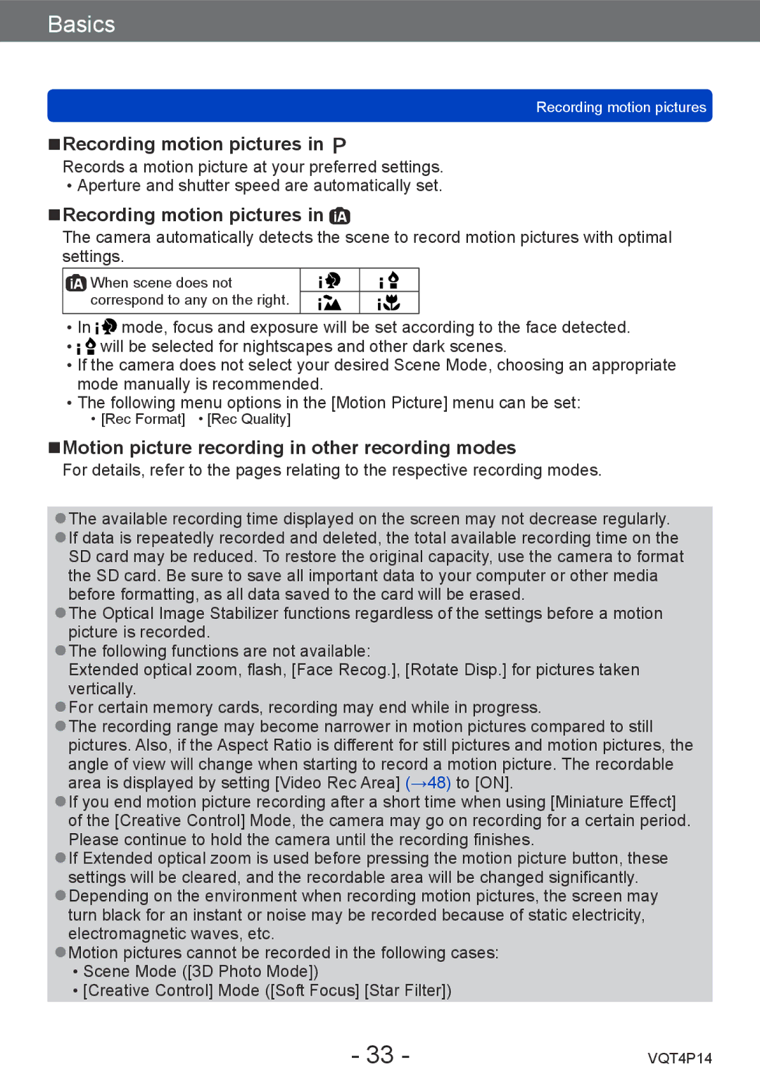 Panasonic DMCZS25K, DMC-ZS25 owner manual Recording motion pictures, Motion picture recording in other recording modes 