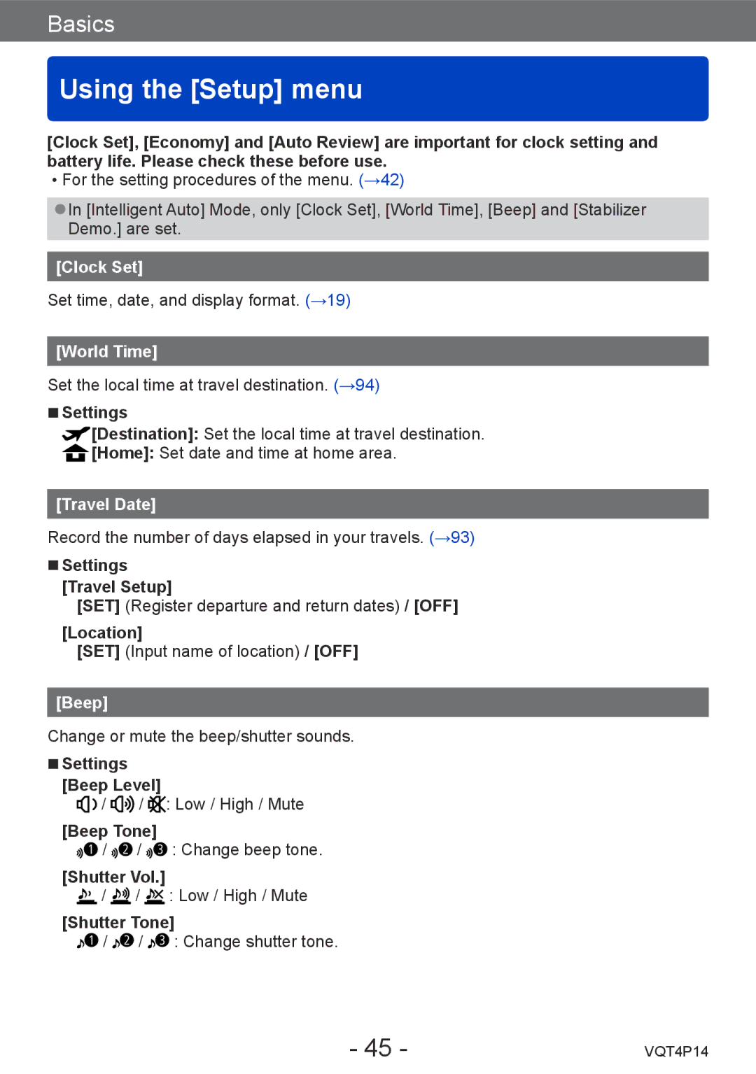 Panasonic DMCZS25K, DMC-ZS25 owner manual Using the Setup menu, Clock Set, World Time, Travel Date, Beep 