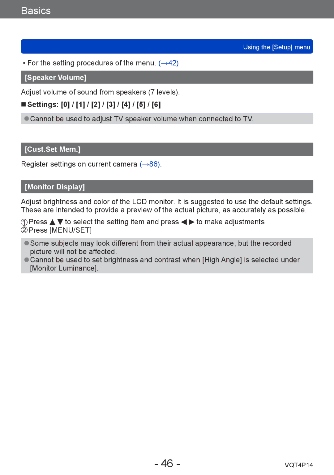 Panasonic DMC-ZS25, DMCZS25K owner manual Speaker Volume, Settings 0 / 1 / 2 / 3 / 4 / 5, Cust.Set Mem, Monitor Display 