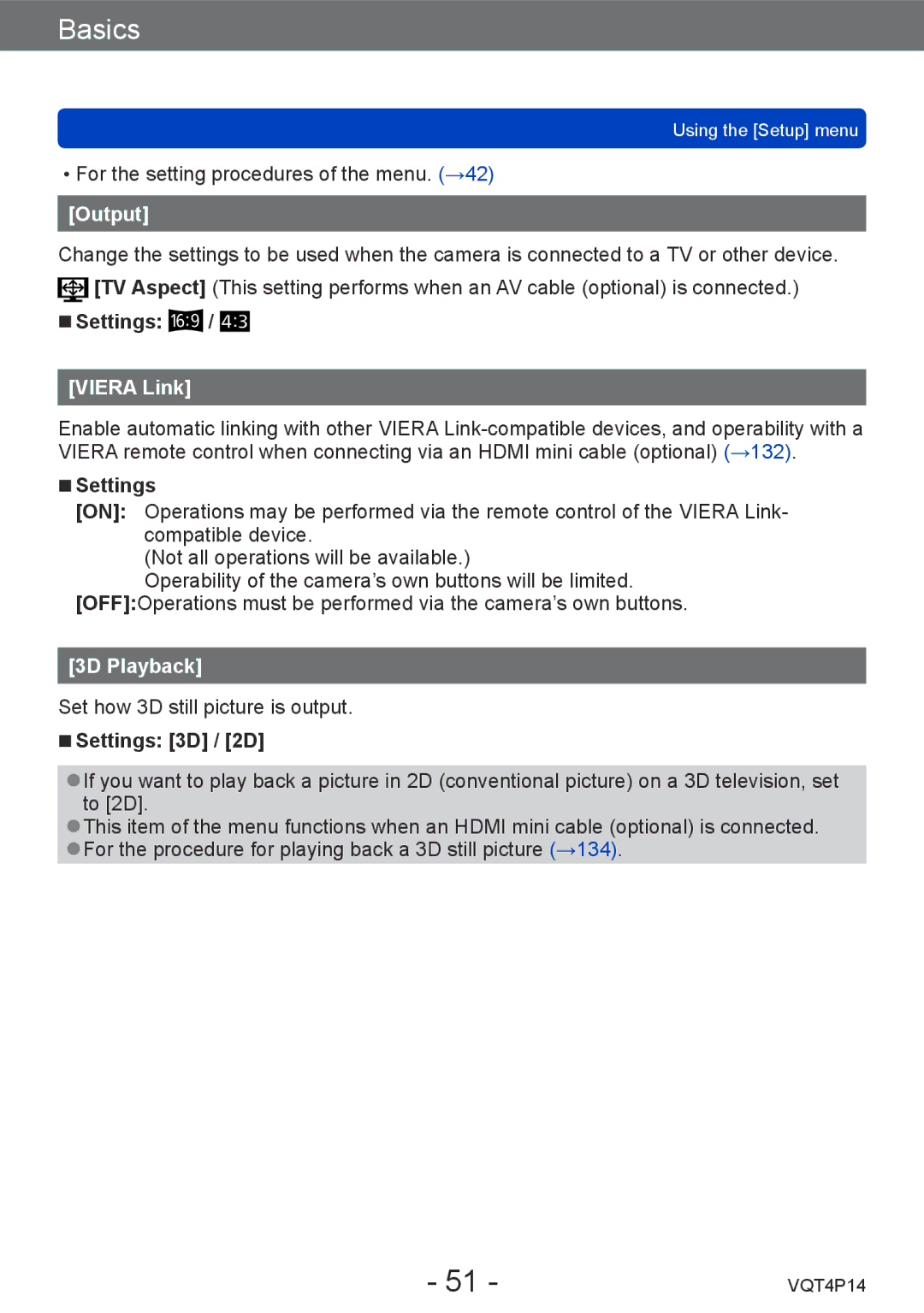 Panasonic DMCZS25K, DMC-ZS25 owner manual Output, Viera Link, 3D Playback, Settings 3D / 2D 