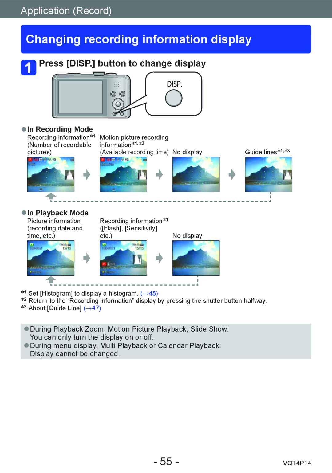 Panasonic DMCZS25K, DMC-ZS25 owner manual Changing recording information display, Press DISP. button to change display 