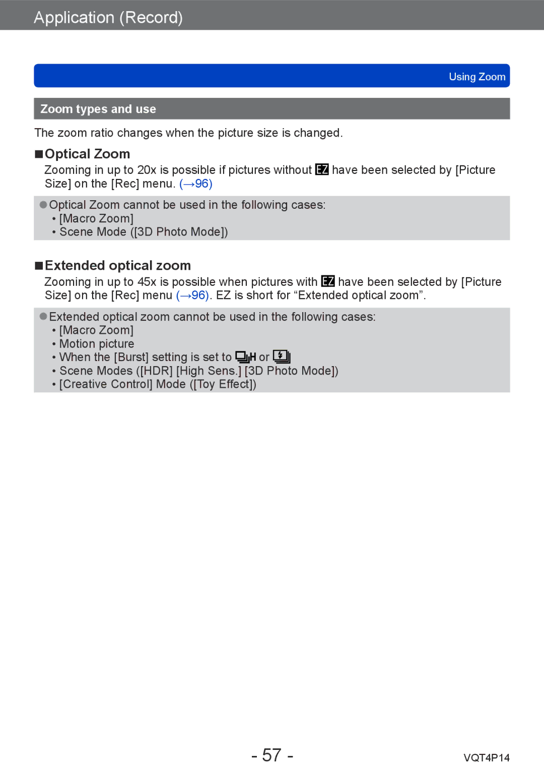 Panasonic DMCZS25K, DMC-ZS25 owner manual Optical Zoom, Extended optical zoom, Zoom types and use 