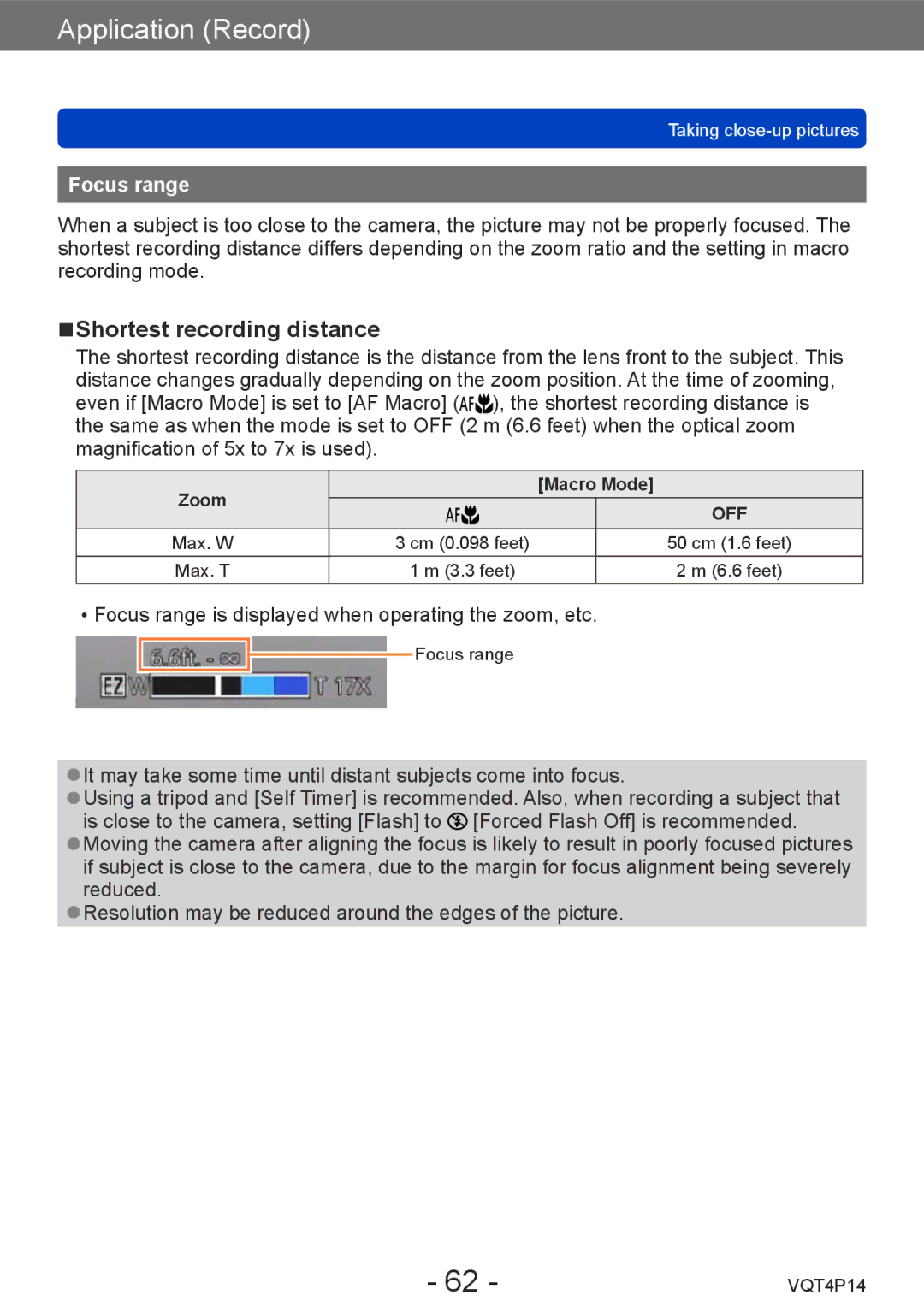 Panasonic DMC-ZS25, DMCZS25K owner manual Shortest recording distance, Focus range 