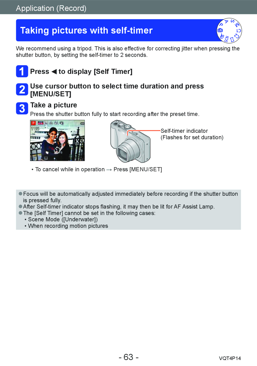 Panasonic DMCZS25K, DMC-ZS25 owner manual Taking pictures with self-timer 