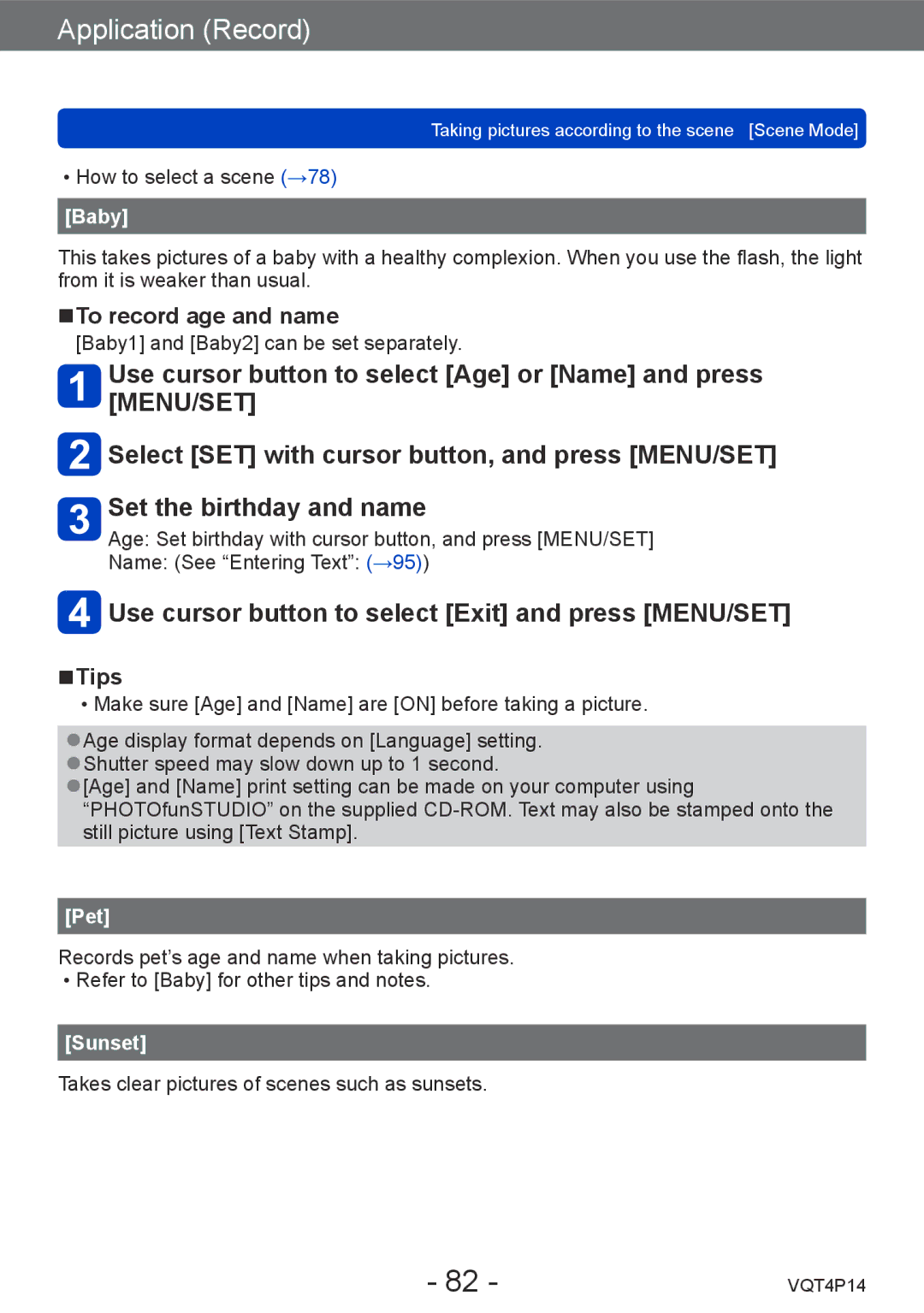 Panasonic DMC-ZS25 Use cursor button to select Exit and press MENU/SET, To record age and name, Baby, Pet, Sunset 