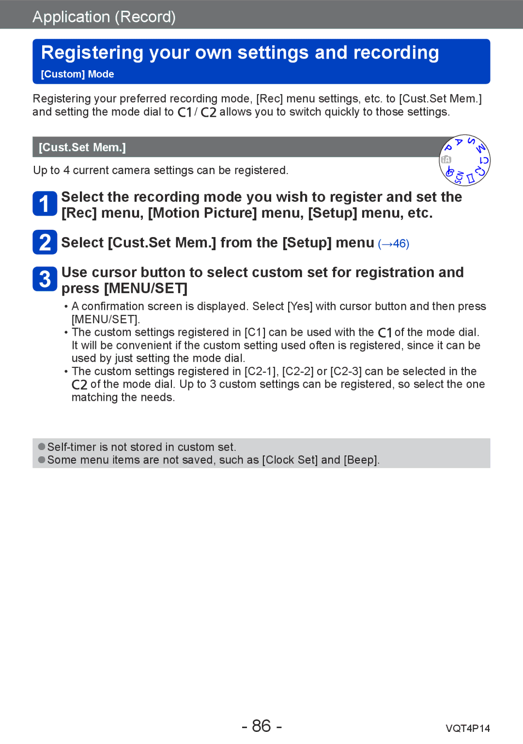 Panasonic DMC-ZS25, DMCZS25K owner manual Registering your own settings and recording, Cust.Set Mem 