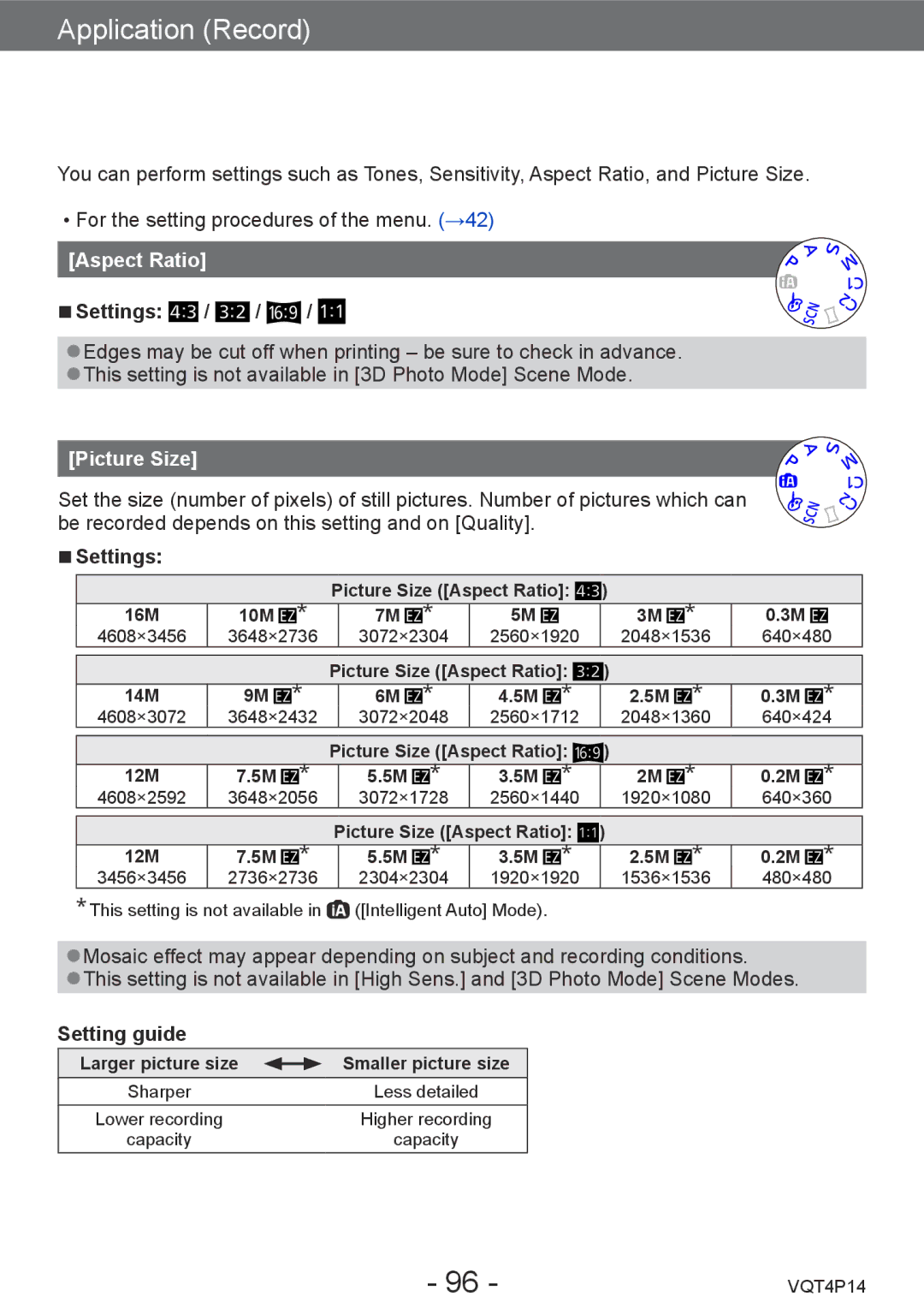 Panasonic DMC-ZS25, DMCZS25K owner manual Using the Rec menu, Aspect Ratio, Picture Size, Setting guide 