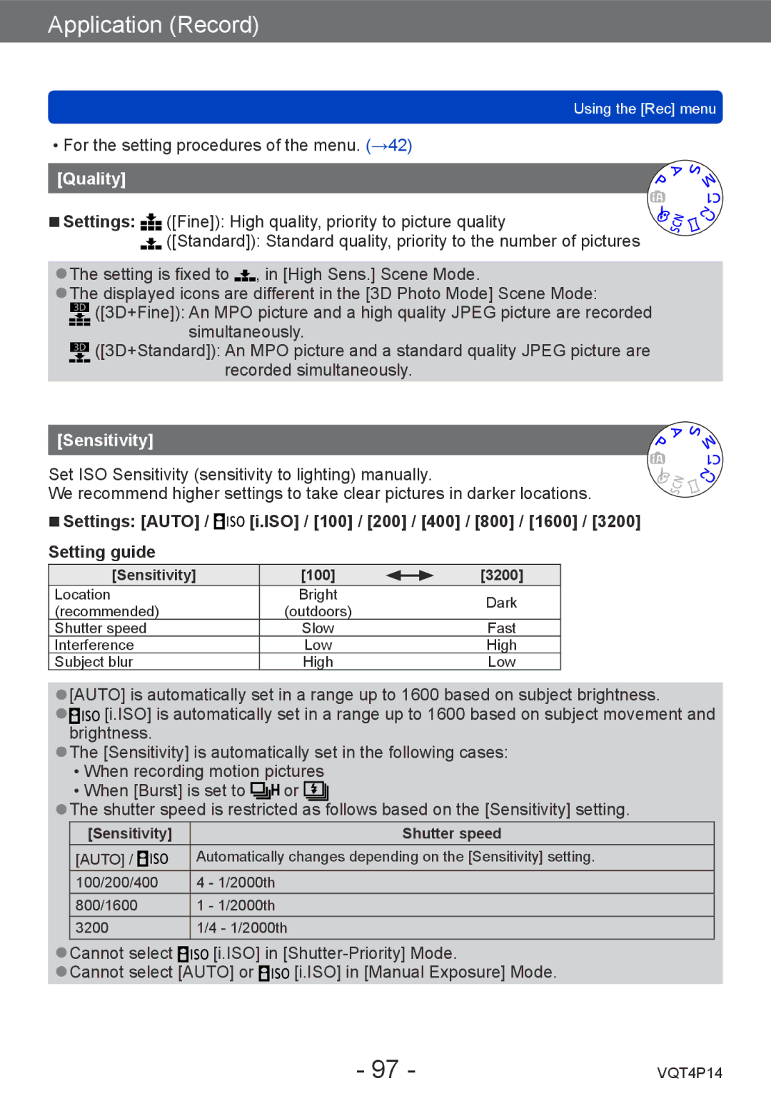 Panasonic DMCZS25K, DMC-ZS25 owner manual Quality, Sensitivity 