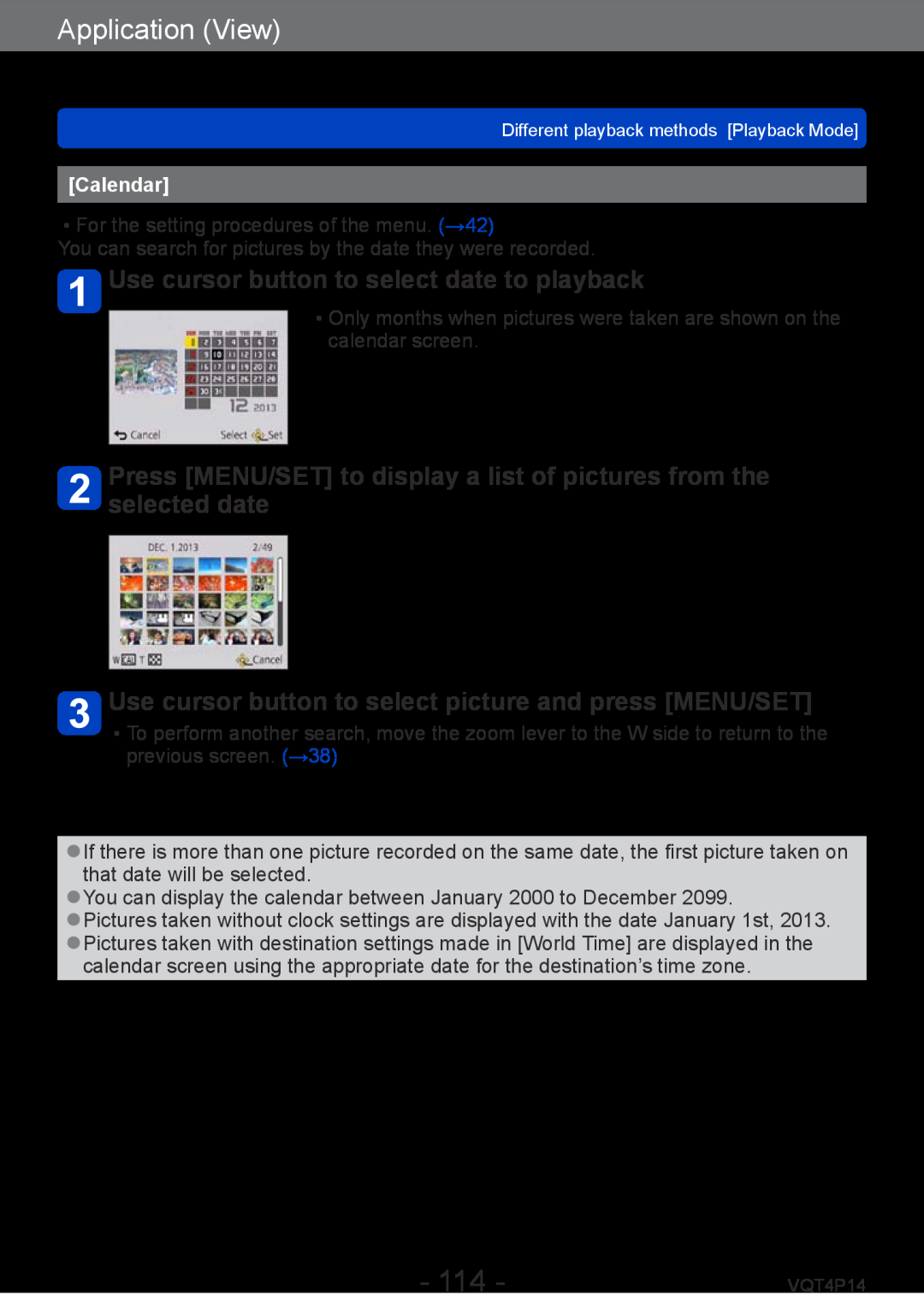 Panasonic DMC-ZS25 Use cursor button to select date to playback, Use cursor button to select picture and press MENU/SET 